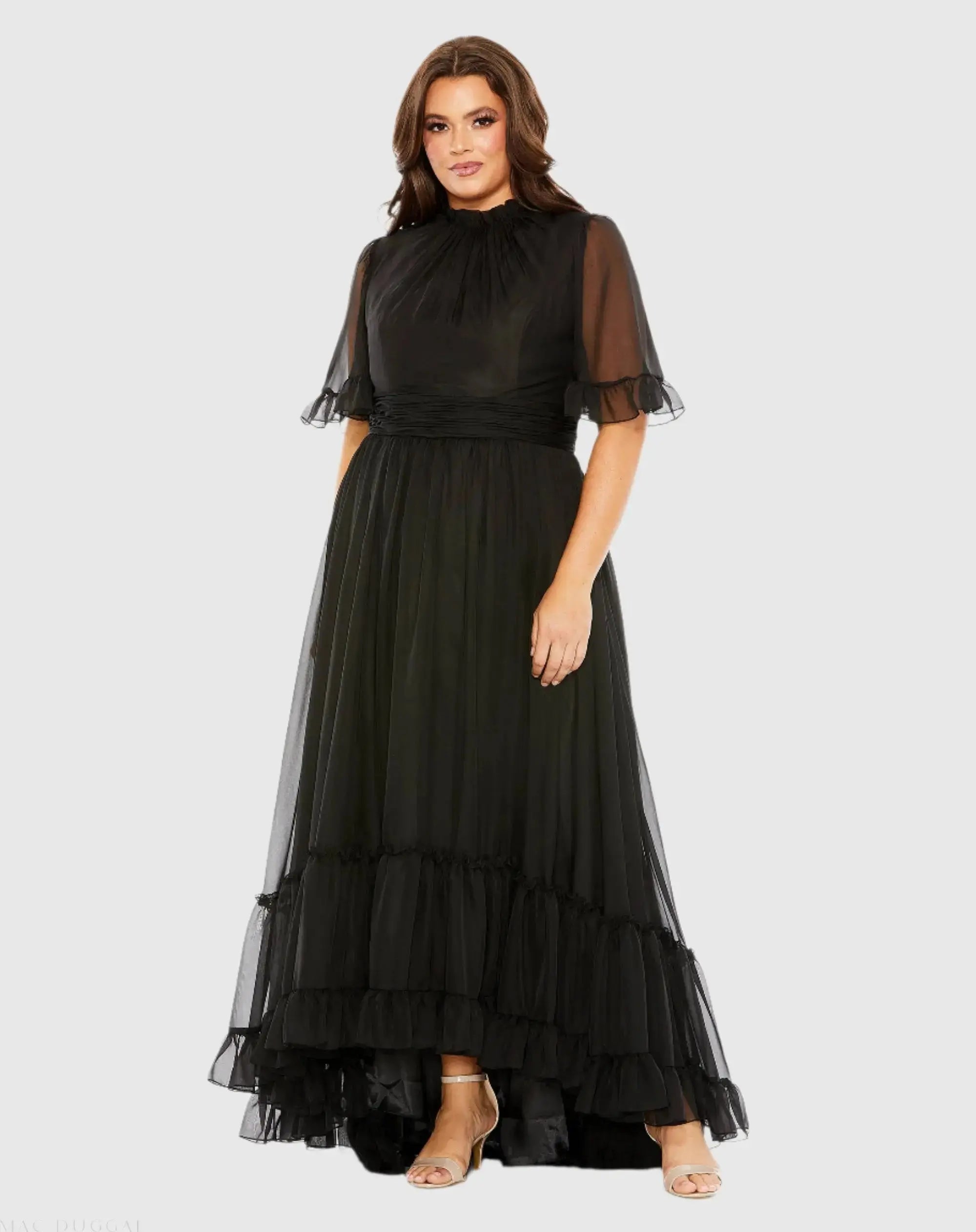 Black Ruffle Tiered High Low Flutter Sleeve Gown (Plus)-Myartka