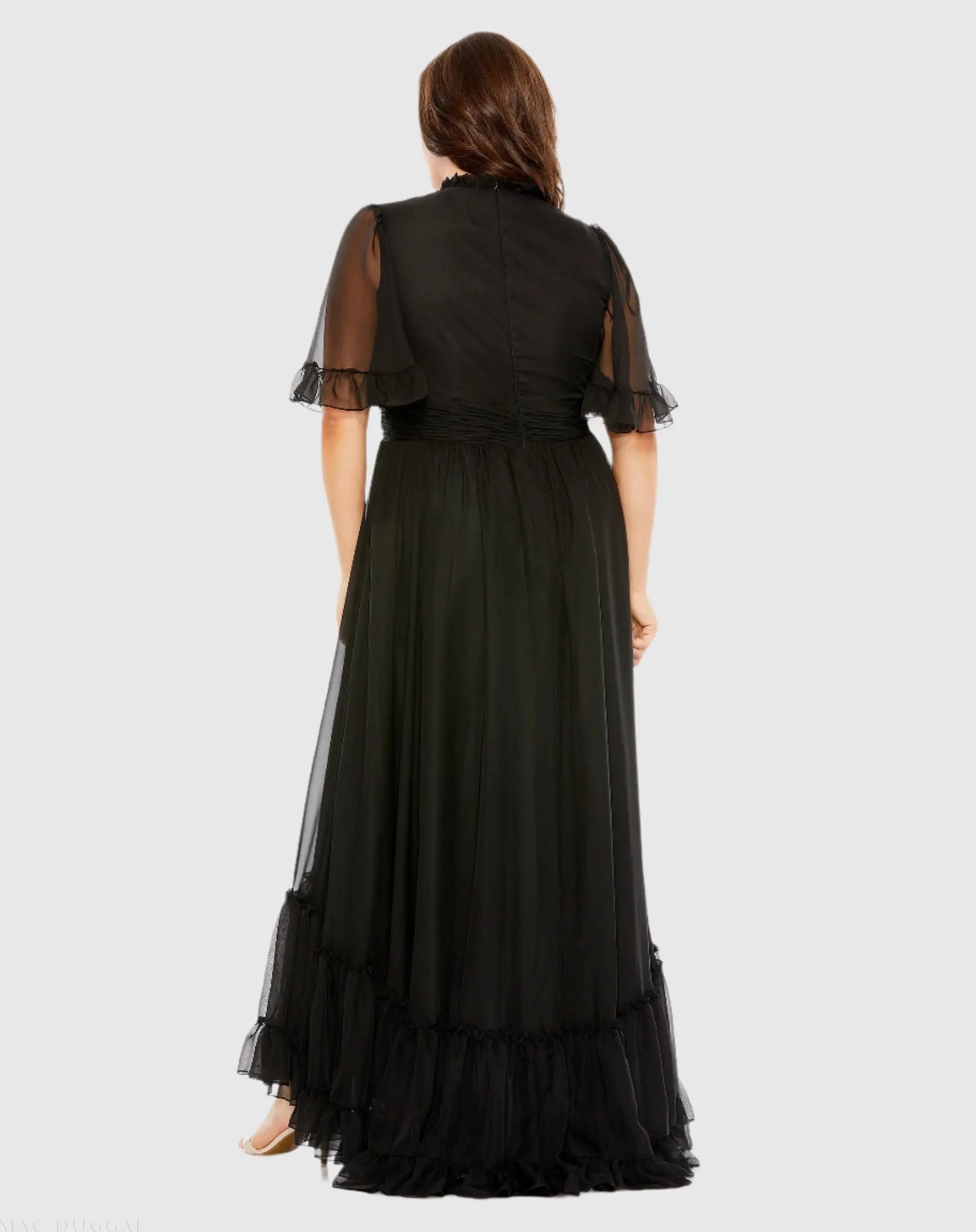 Black Ruffle Tiered High Low Flutter Sleeve Gown (Plus)-Myartka