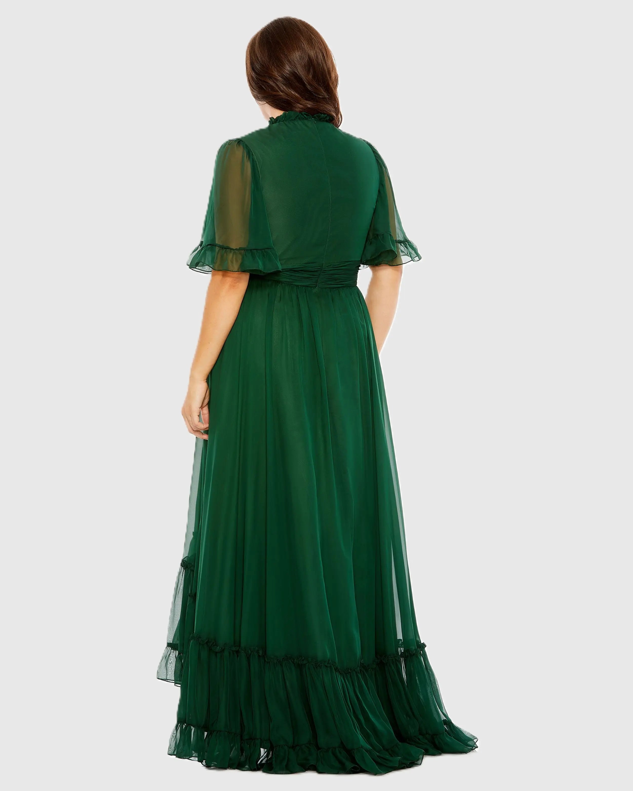 Green Ruffle Tiered High Low Flutter Sleeve Gown (Plus)-Myartka