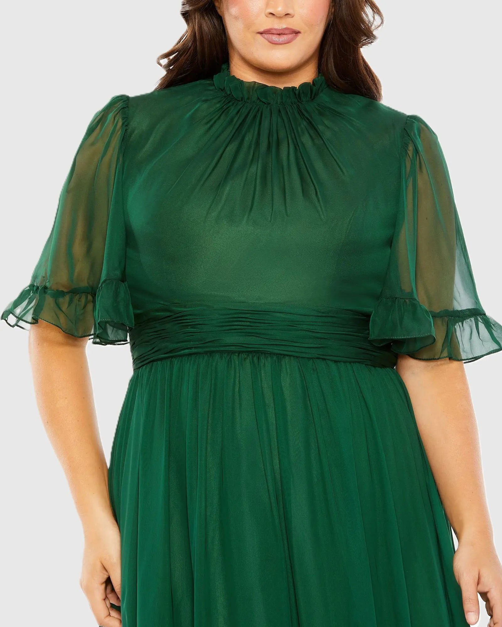 Green Ruffle Tiered High Low Flutter Sleeve Gown (Plus)-Myartka