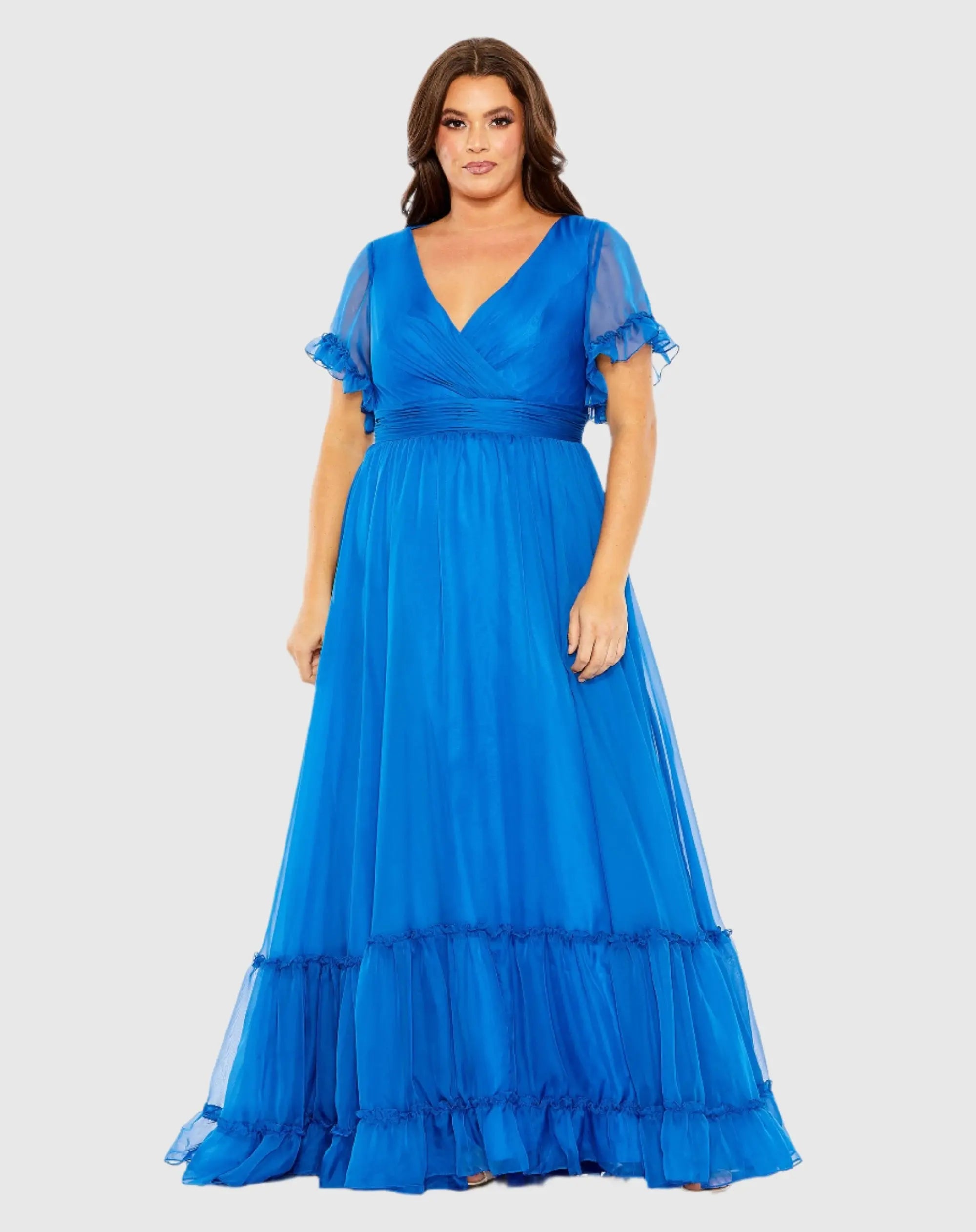 Blue Chiffon Flutter Sleeve A-line Dress (Plus) - FINAL SALE-Myartka