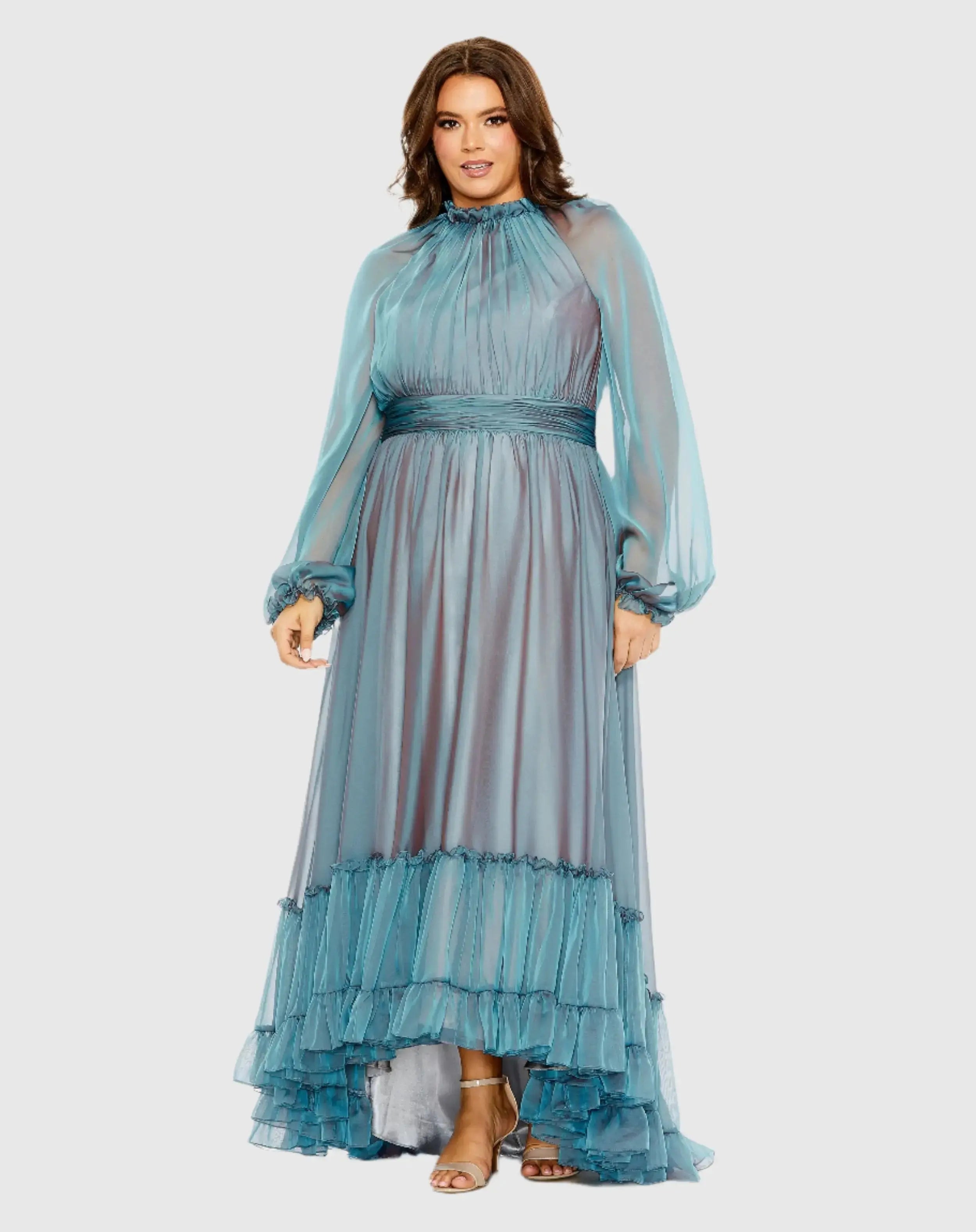 Blue Puff Sleeve w/ Embellished Cuff Mock Neck A Line Gown-Myartka