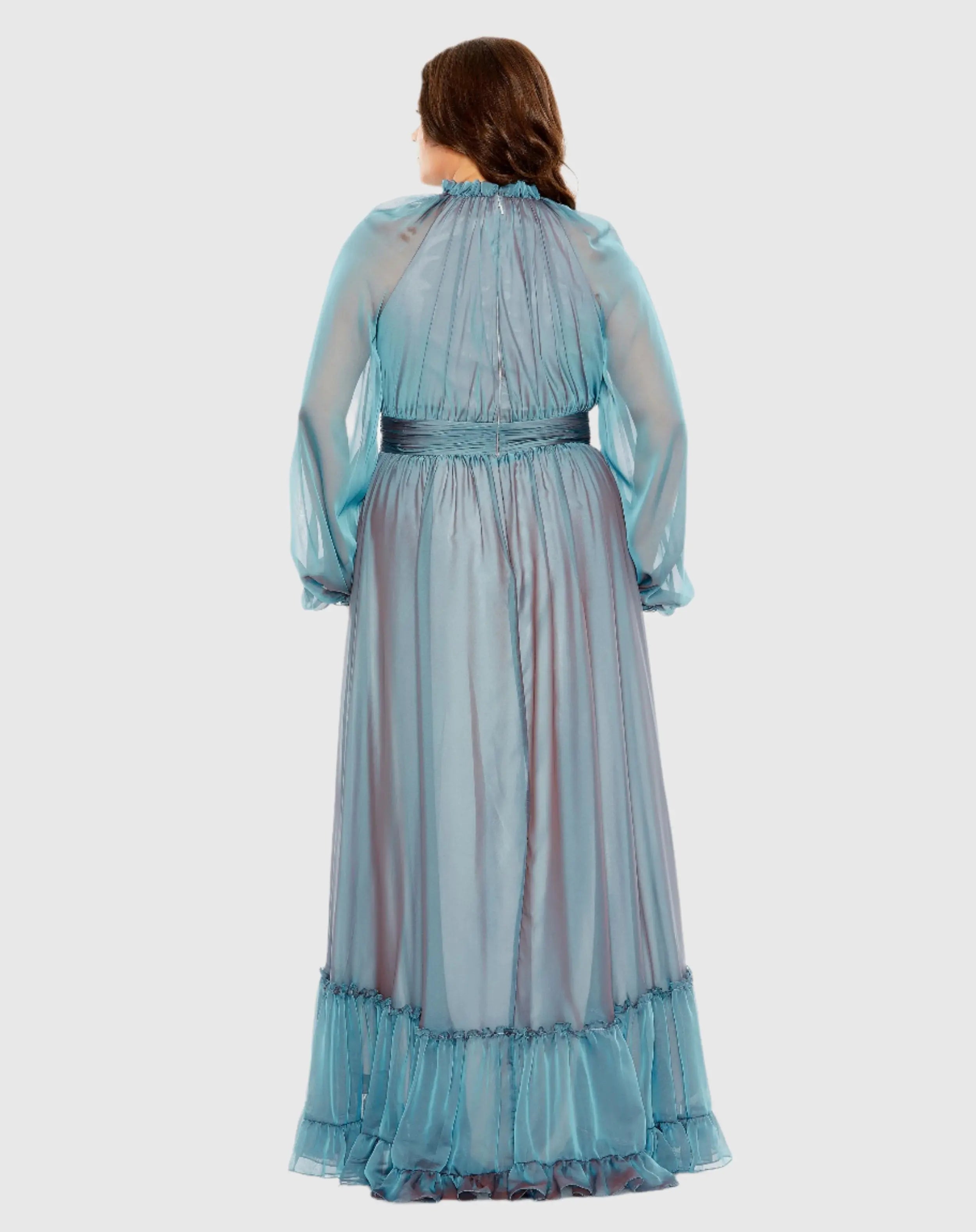 Blue Puff Sleeve w/ Embellished Cuff Mock Neck A Line Gown-Myartka