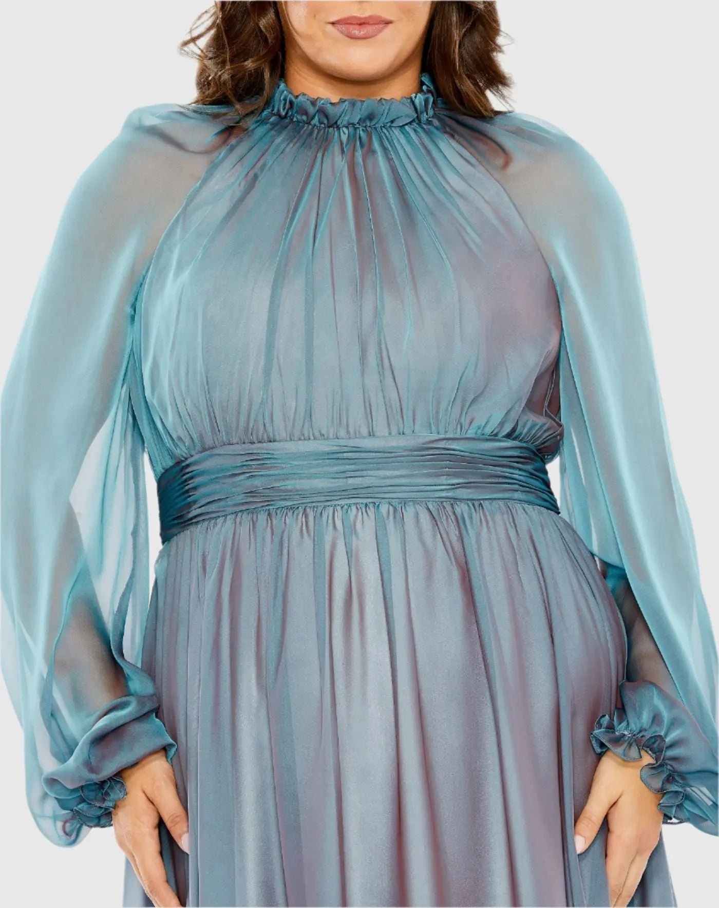 Blue Puff Sleeve w/ Embellished Cuff Mock Neck A Line Gown-Myartka