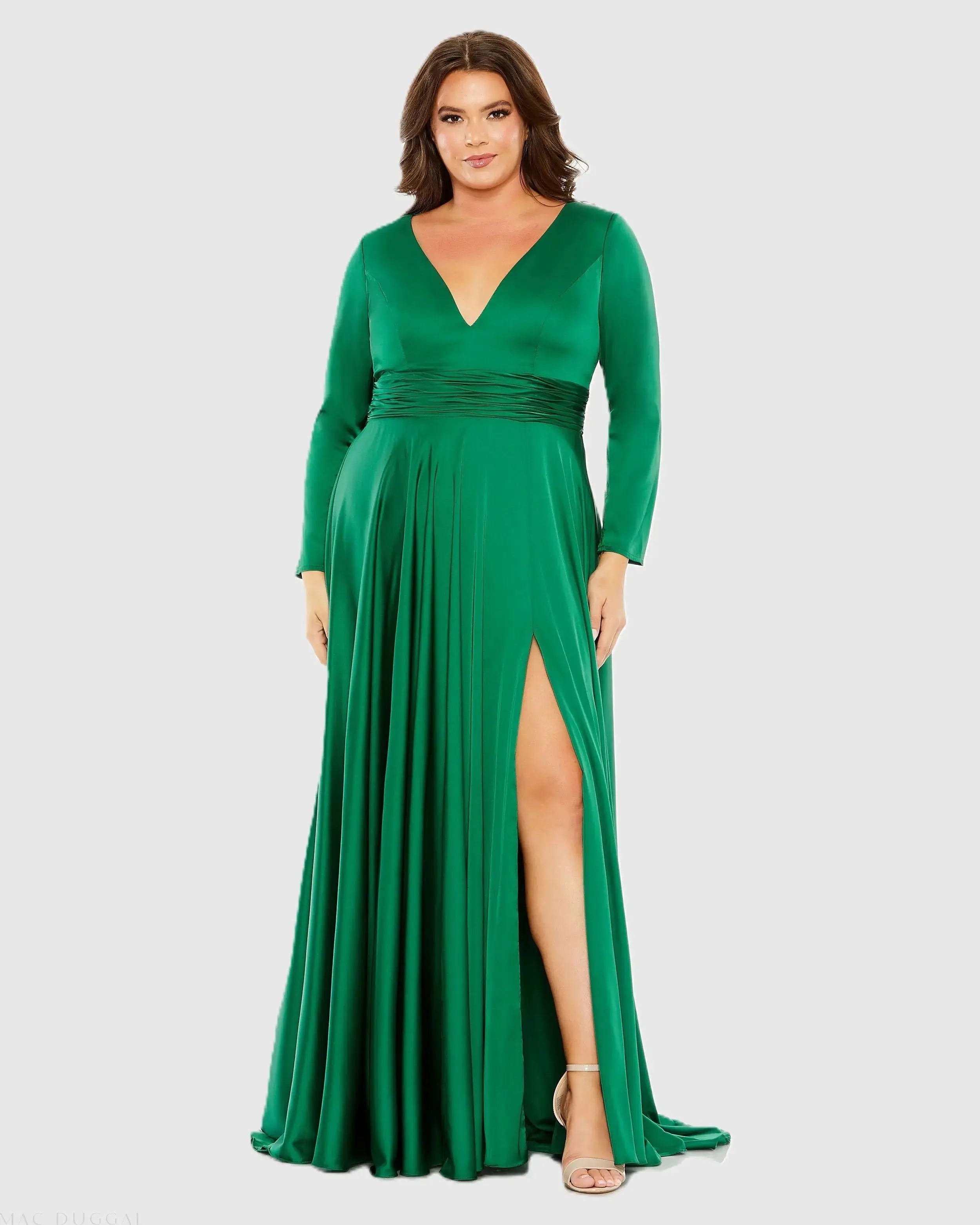 Long Sleeve V Neck A Line Gown (Plus)-Myartka