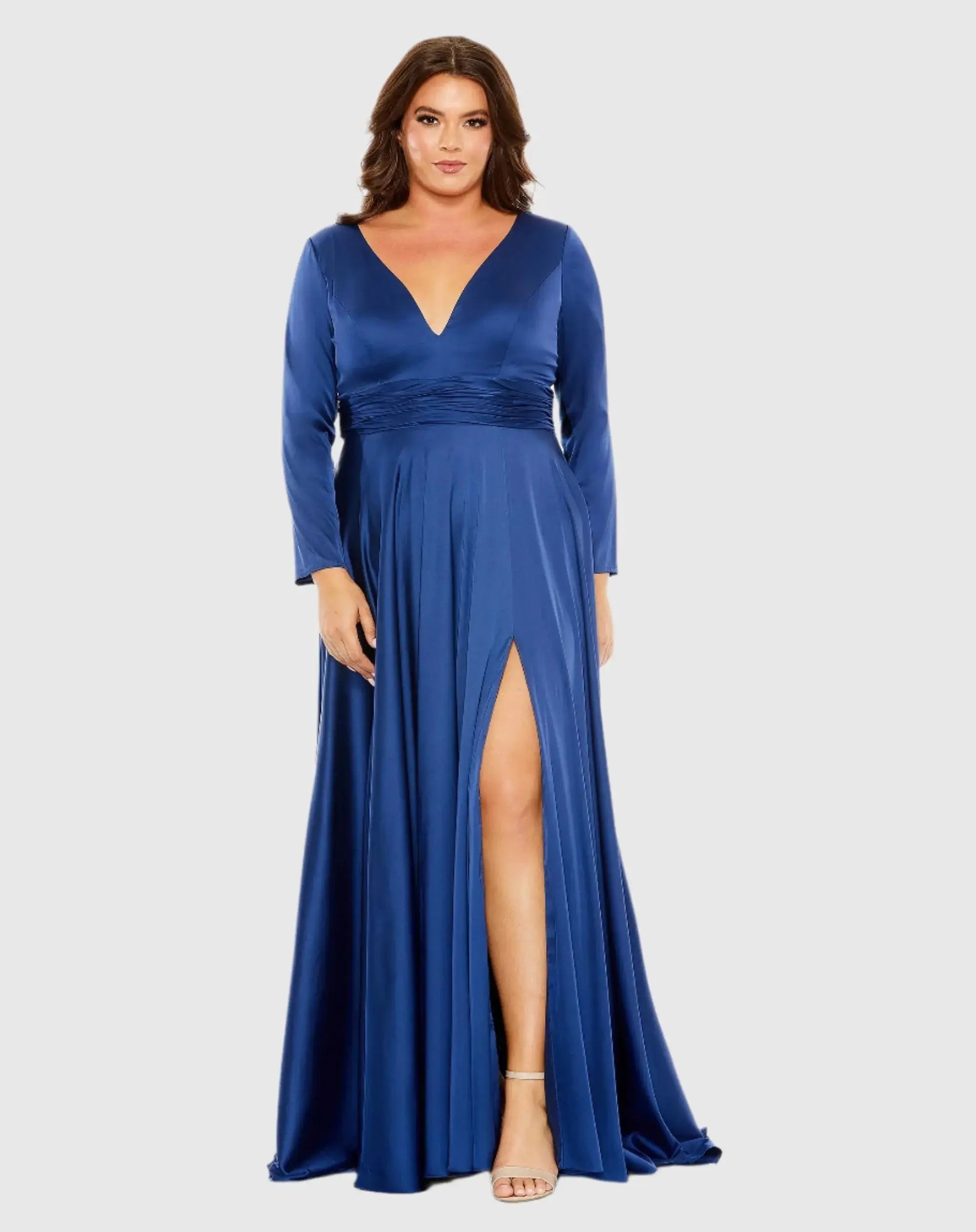 Blue Long Sleeve V Neck A Line Gown - FINAL SALE-Myartka