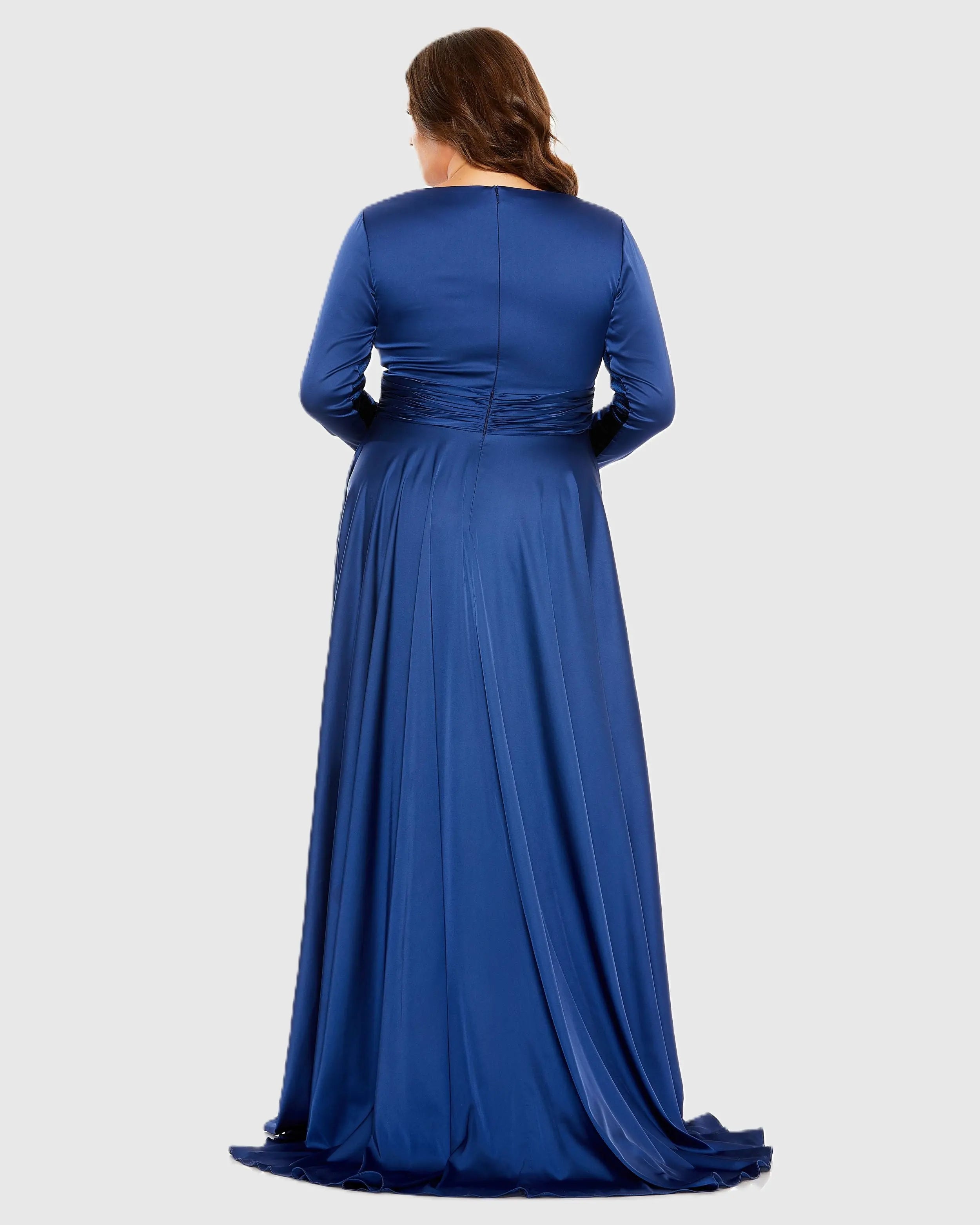 Blue Long Sleeve V Neck A Line Gown - FINAL SALE-Myartka