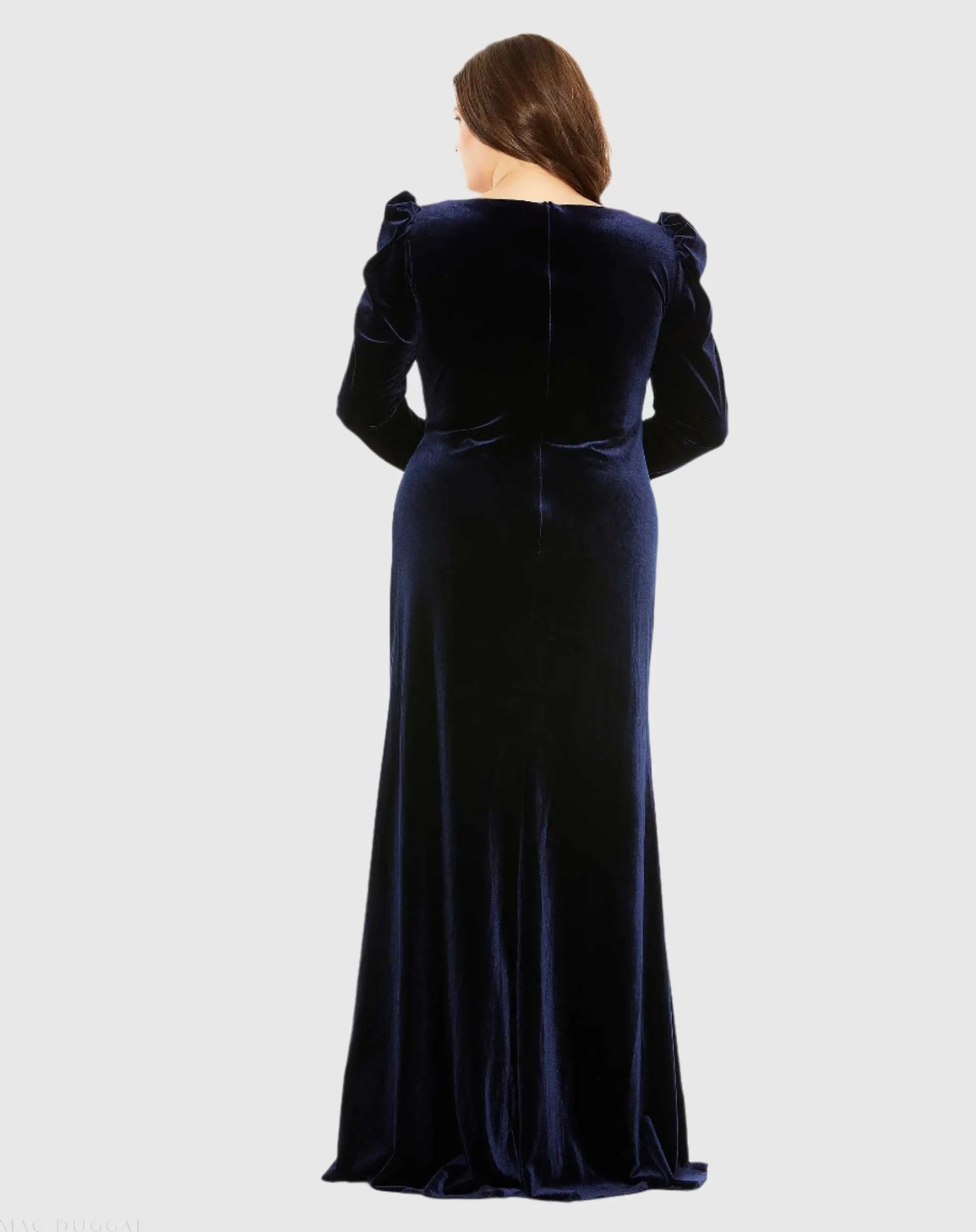 Navy Long Sleeve Velvet Gown with Slit (Plus)-Myartka