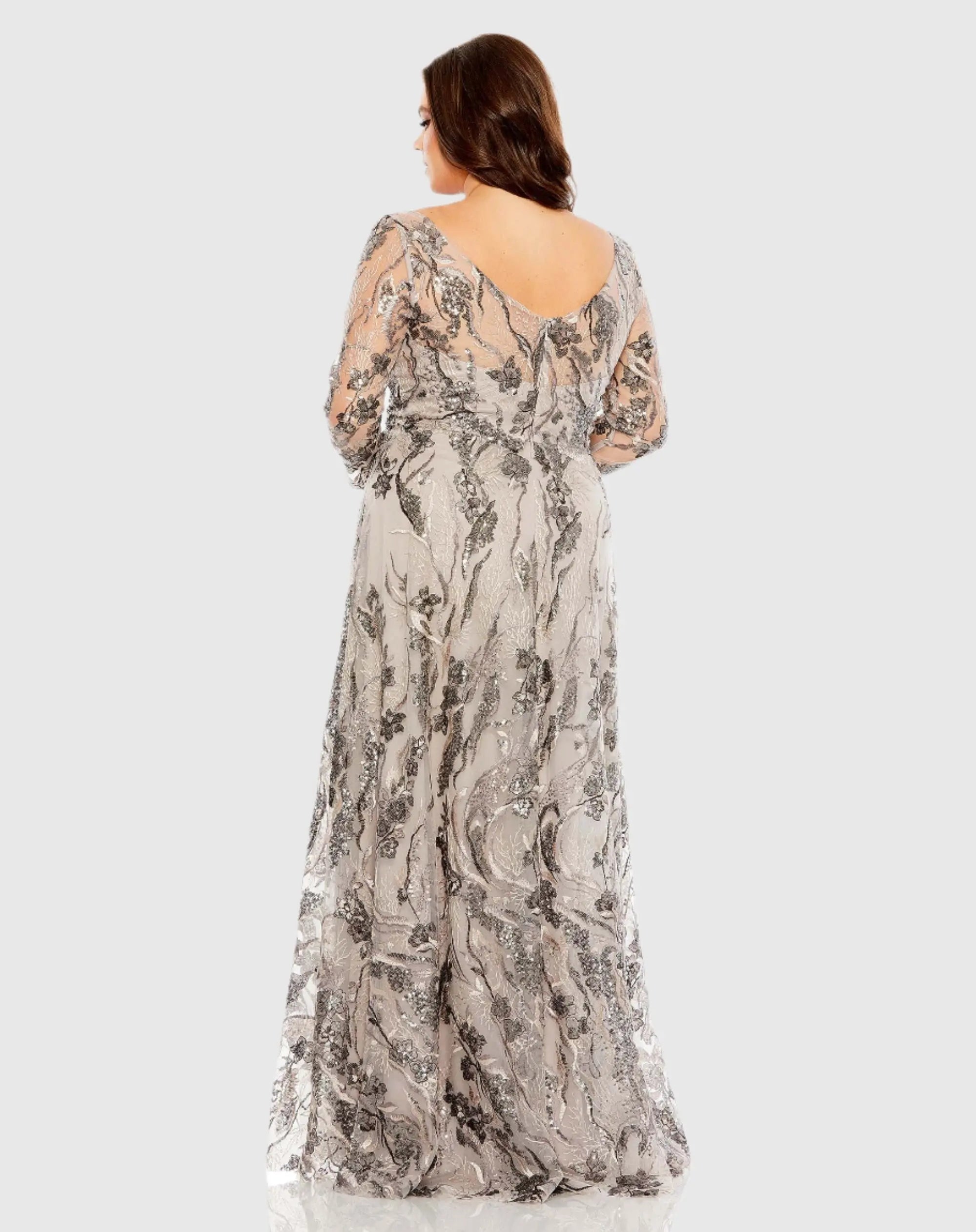 Beige Embroidered Long Sleeve A Line Gown (Plus)-Myartka