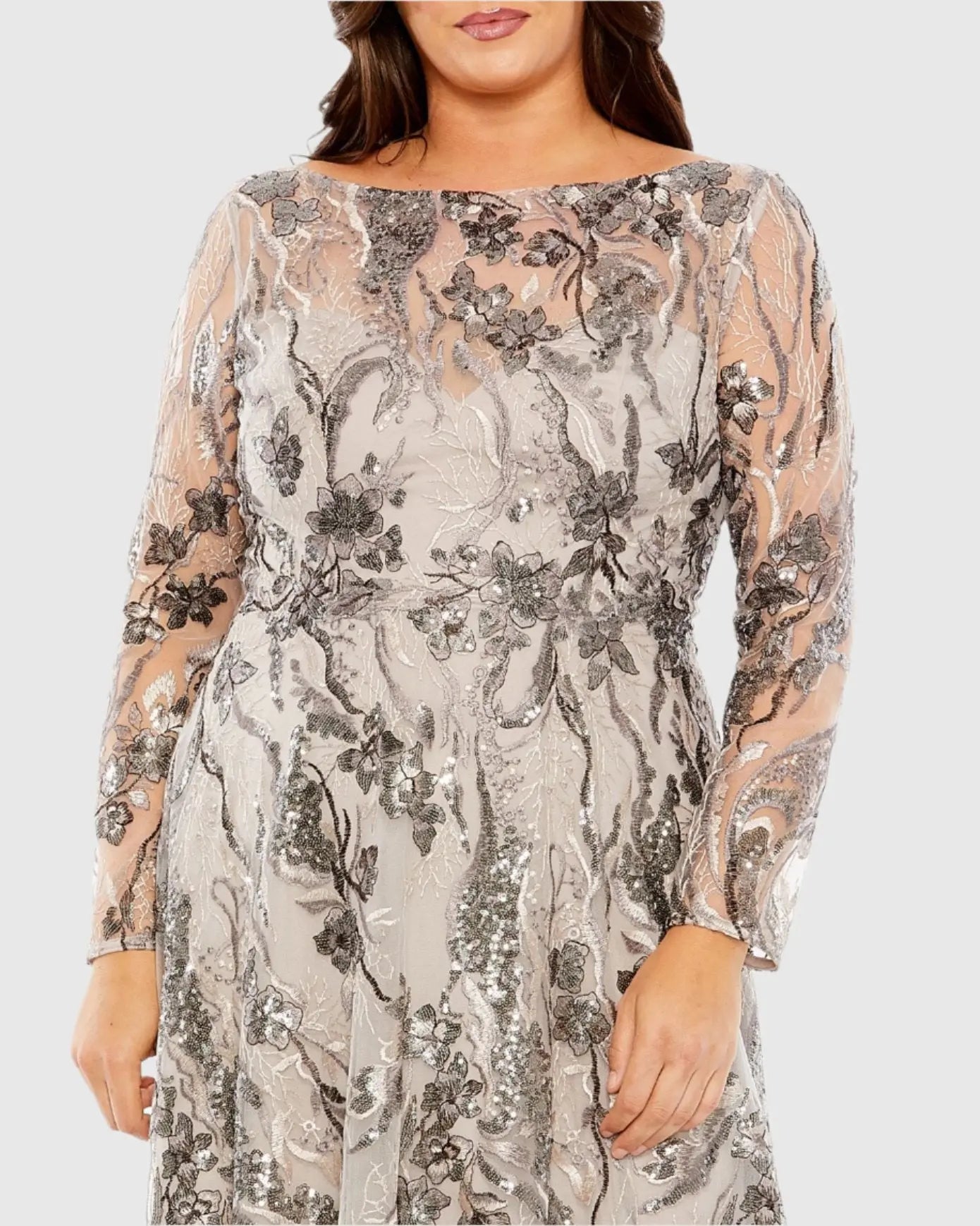 Beige Embroidered Long Sleeve A Line Gown (Plus)-Myartka