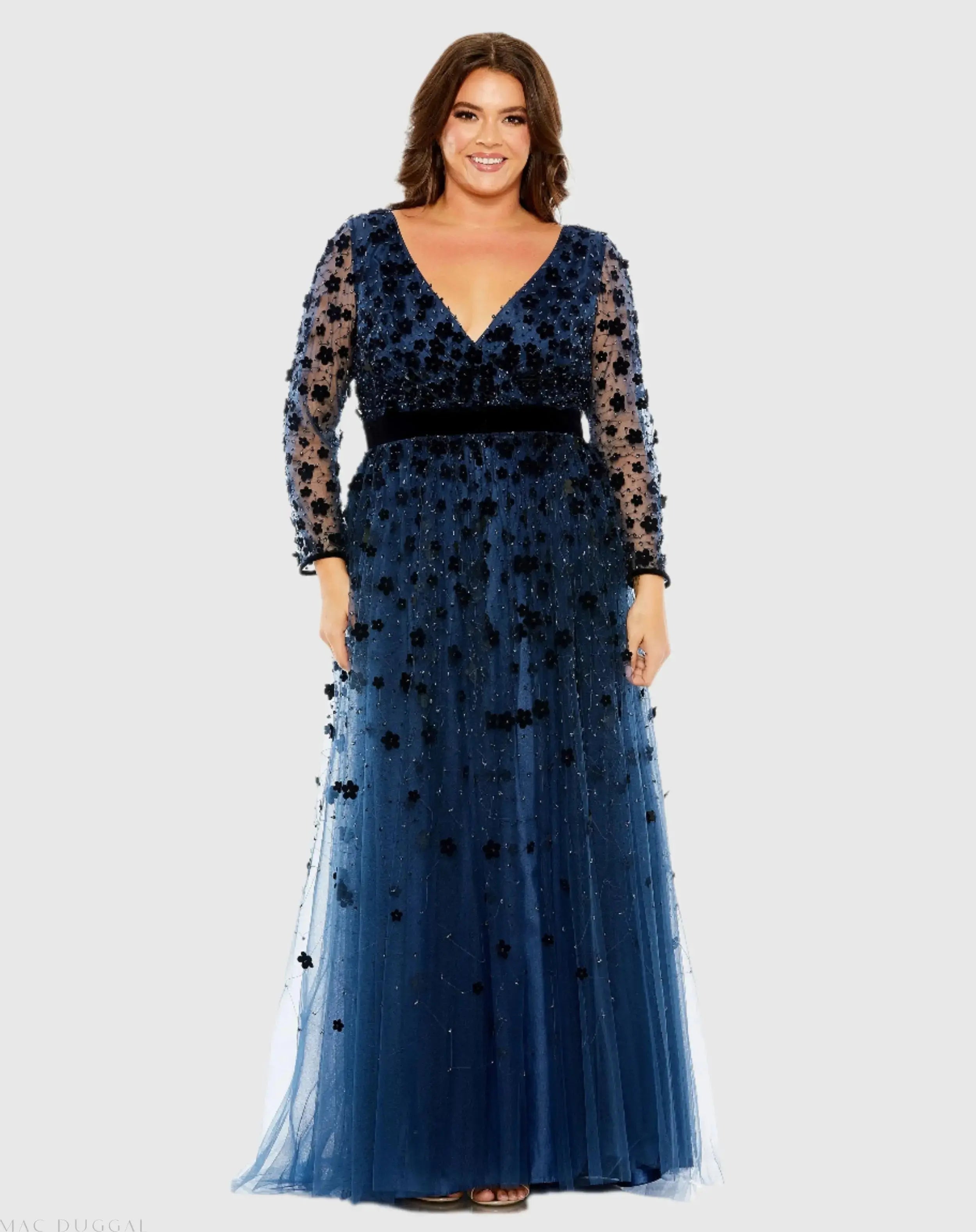 Navy Velvet Floral Applique Long Sleeve A Line Gown (Plus)-Myartka