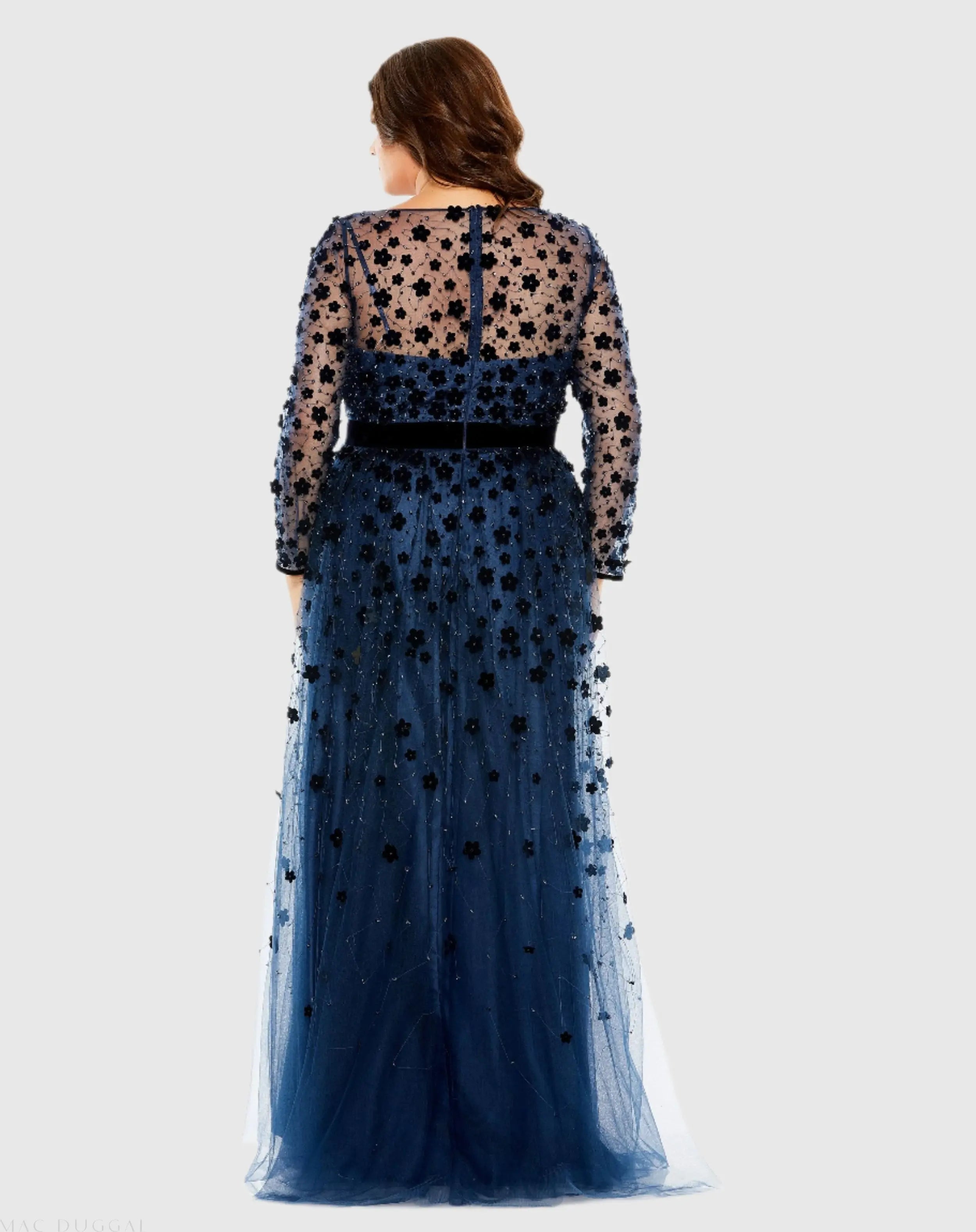 Navy Velvet Floral Applique Long Sleeve A Line Gown (Plus)-Myartka