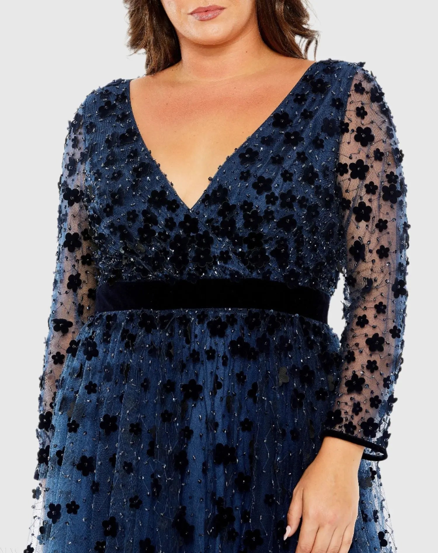 Navy Velvet Floral Applique Long Sleeve A Line Gown (Plus)-Myartka