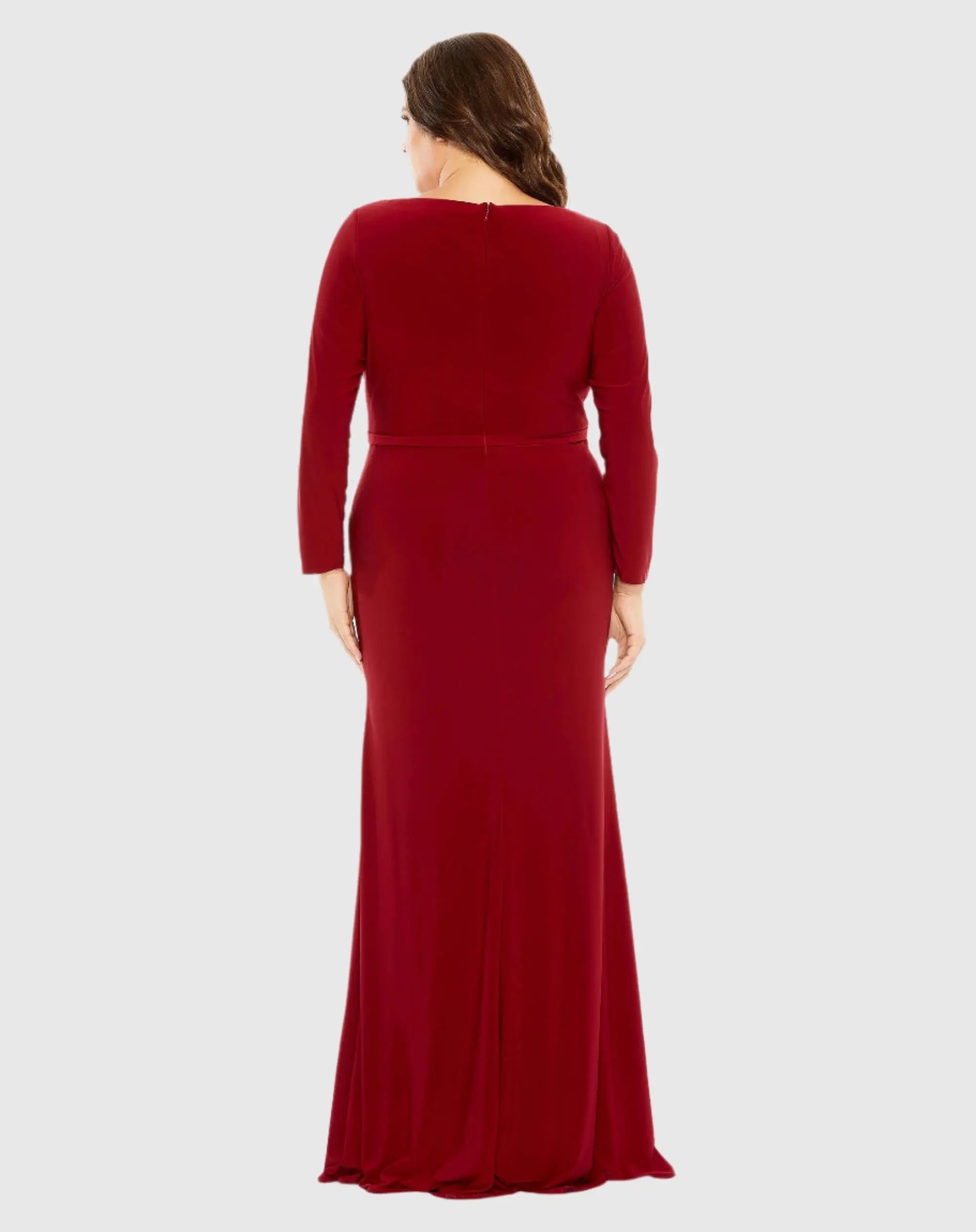 Red Long Sleeve V-Neck Faux Wrap Gown (Plus)-Myartka