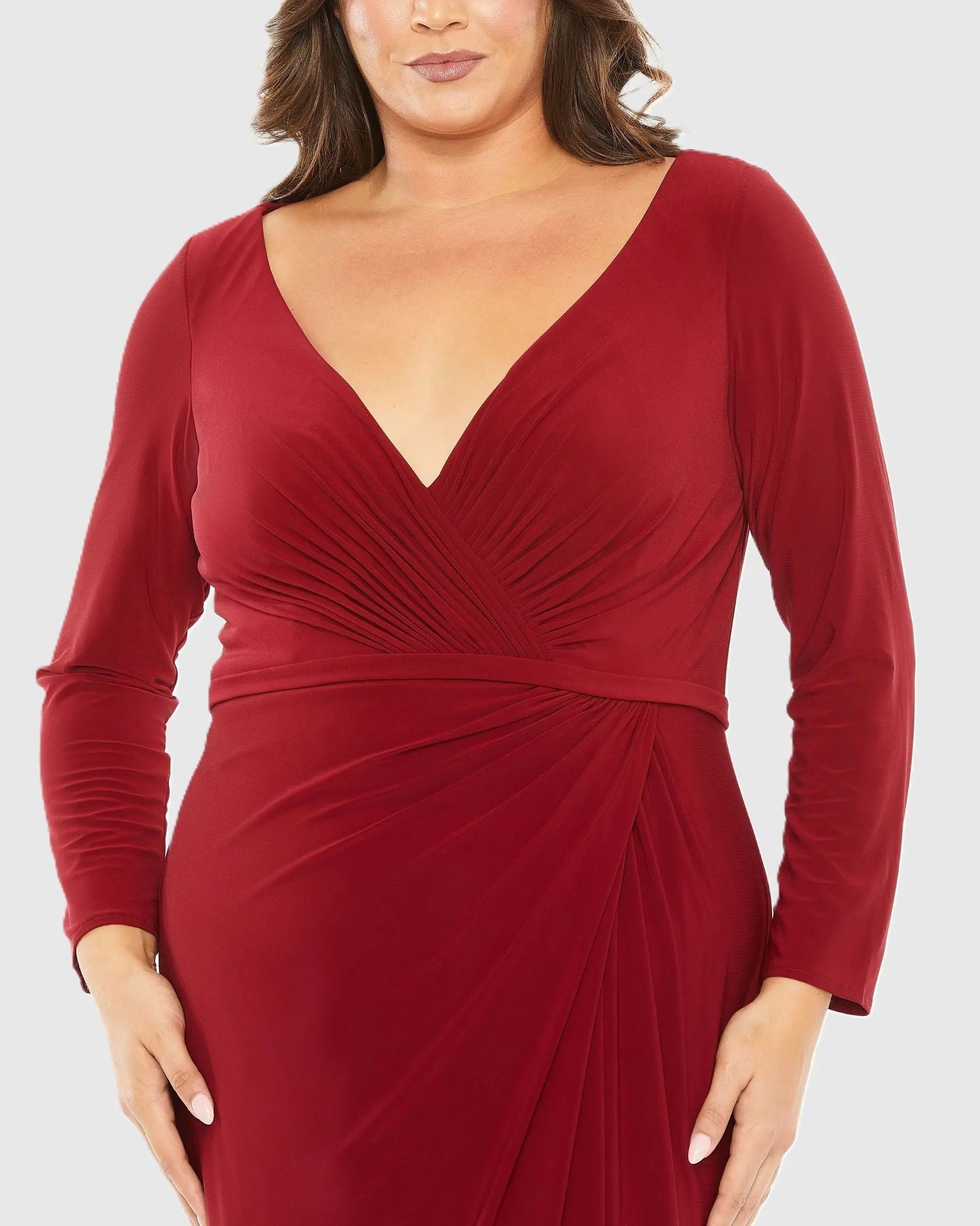 Red Long Sleeve V-Neck Faux Wrap Gown (Plus)-Myartka