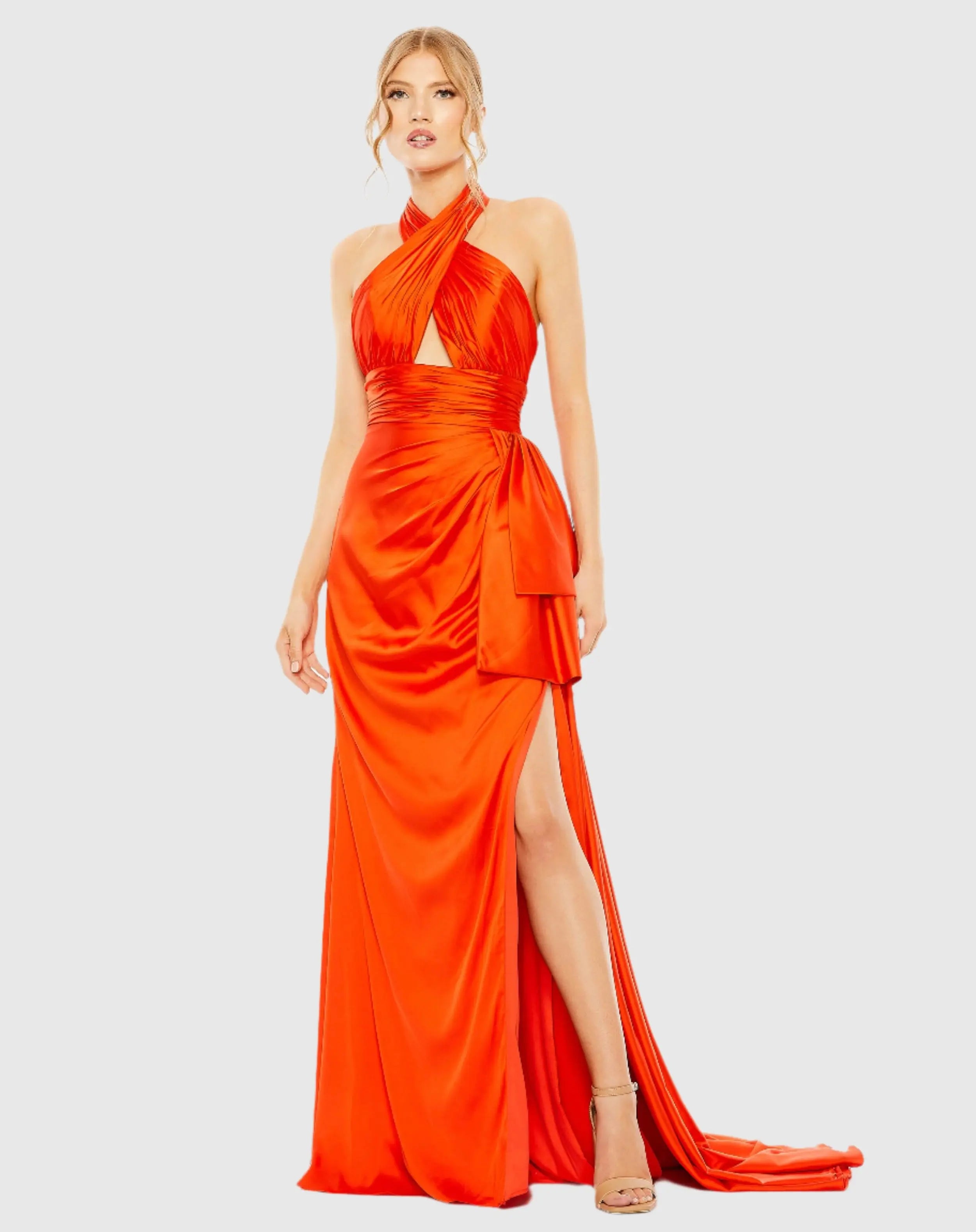 Orange Halter Neck Ruffle Side Slit Gown-Myartka