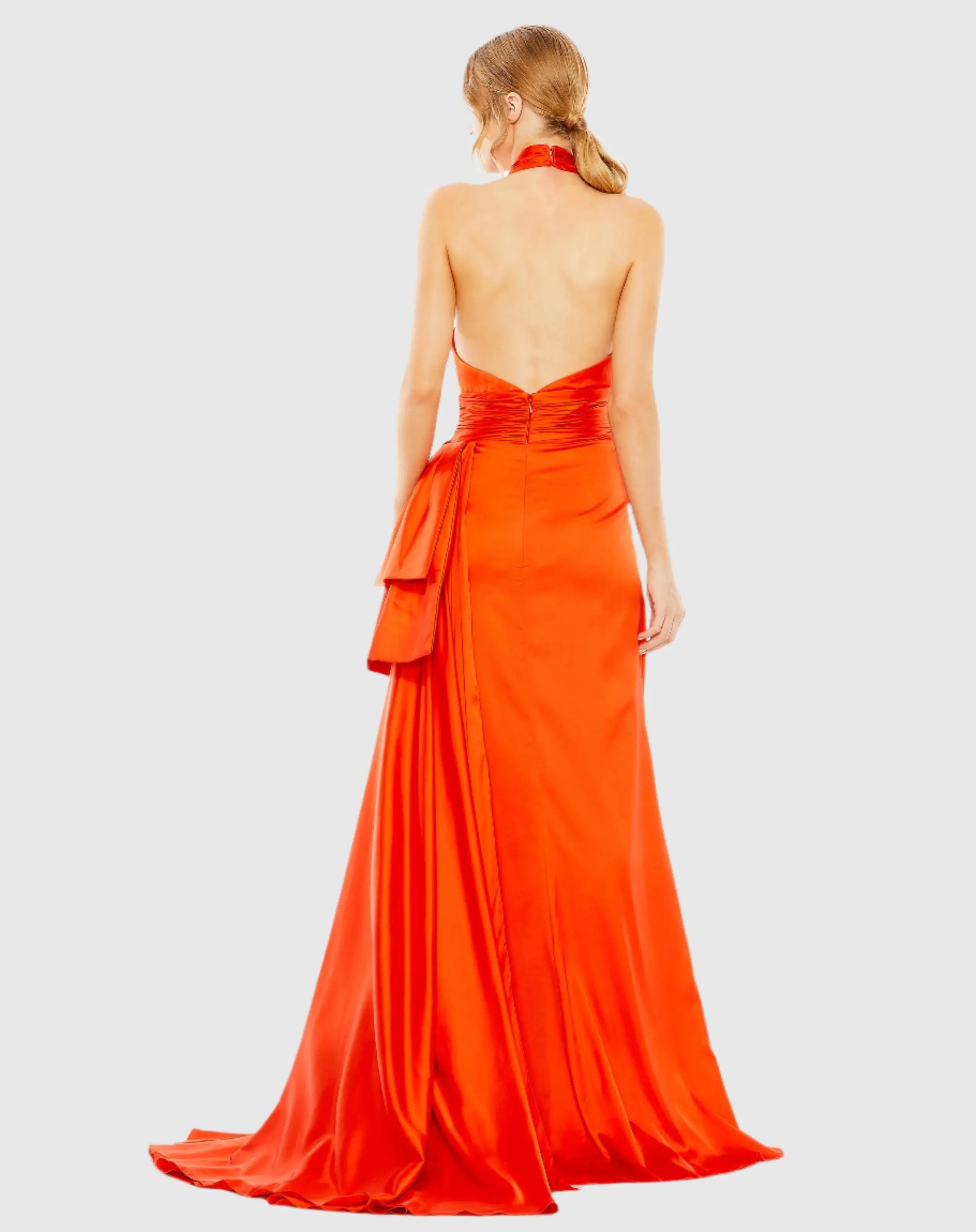 Orange Halter Neck Ruffle Side Slit Gown-Myartka