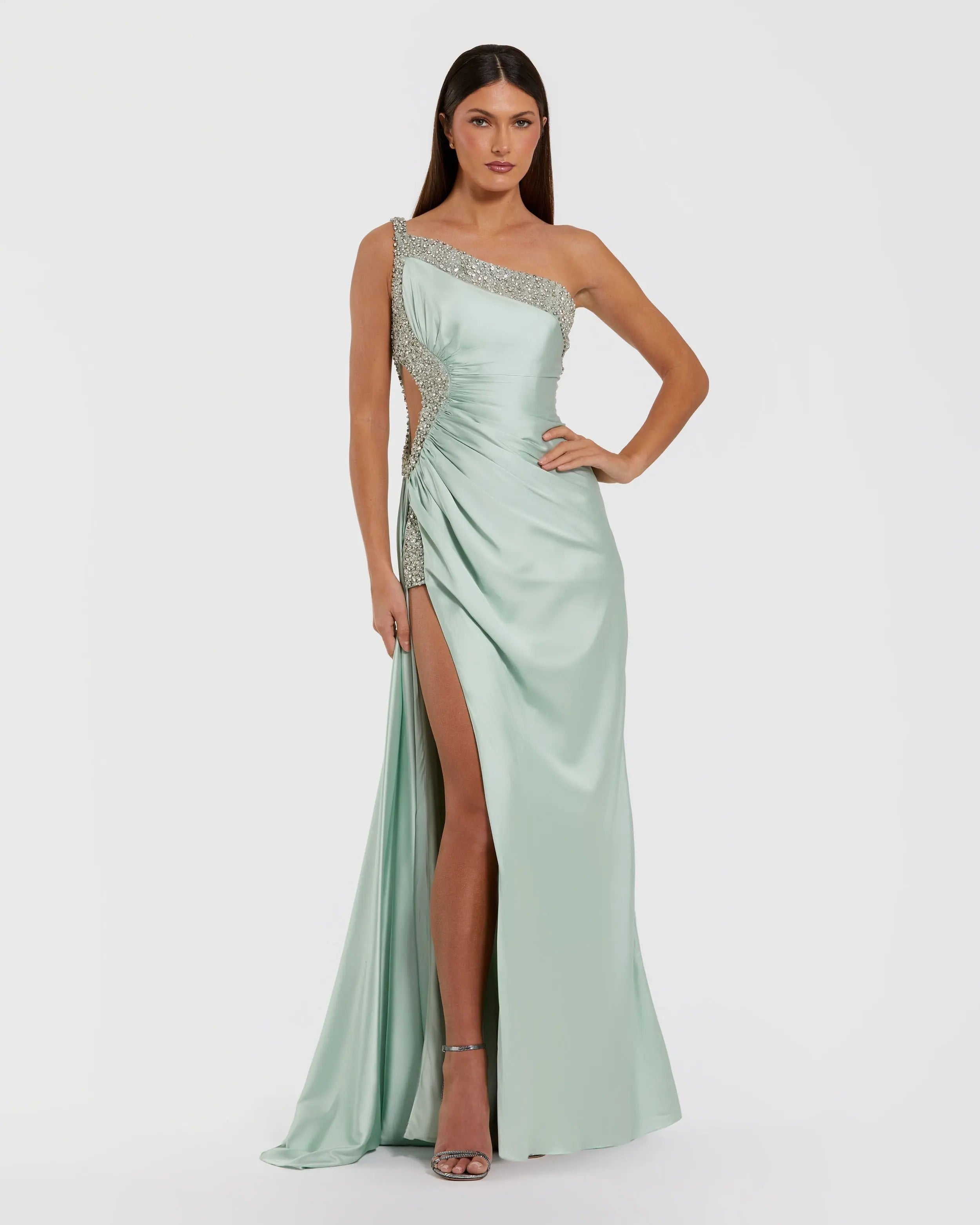 Green One Shoulder Embellished Cut Out Slit Gown-Myartka