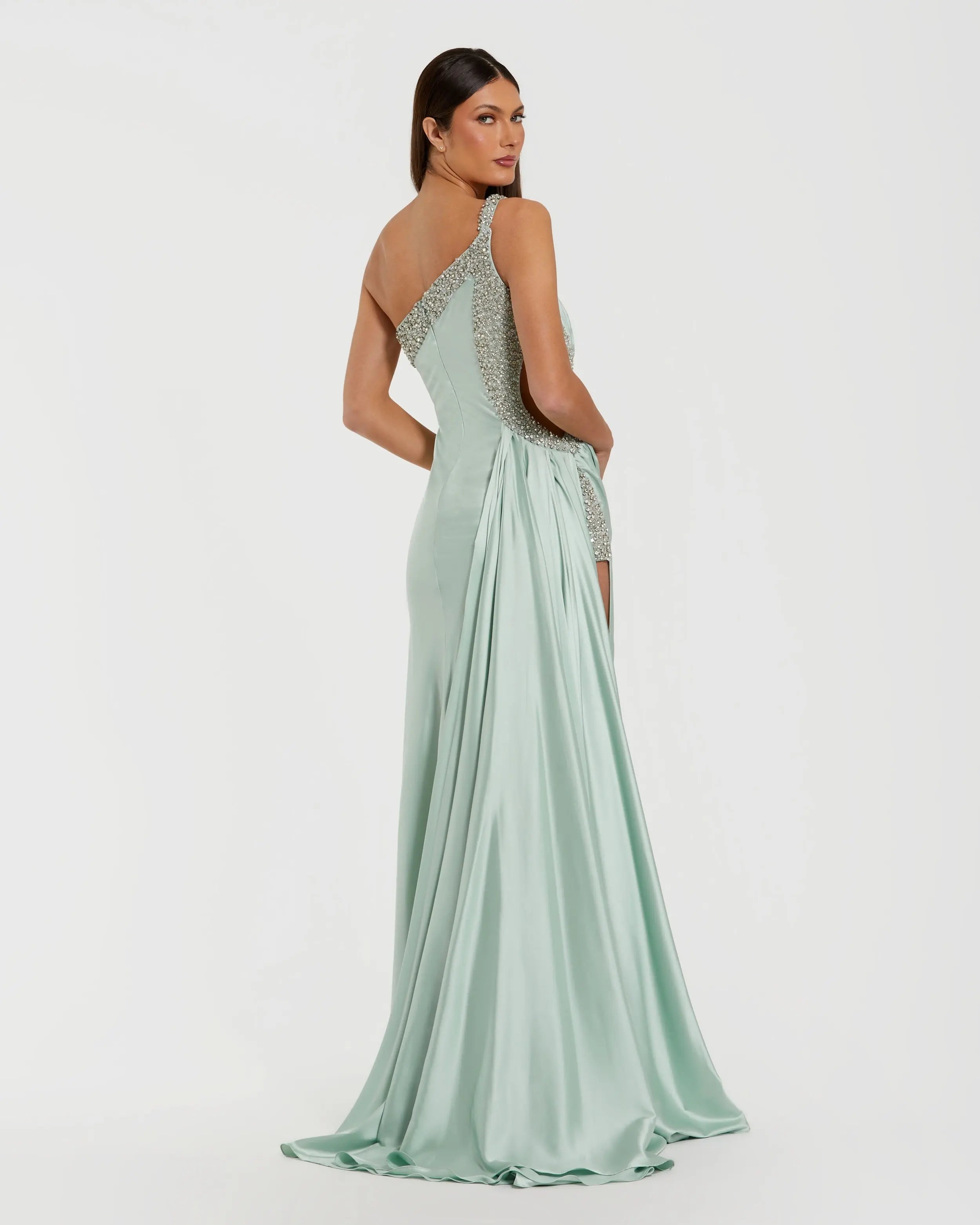 Green One Shoulder Embellished Cut Out Slit Gown-Myartka