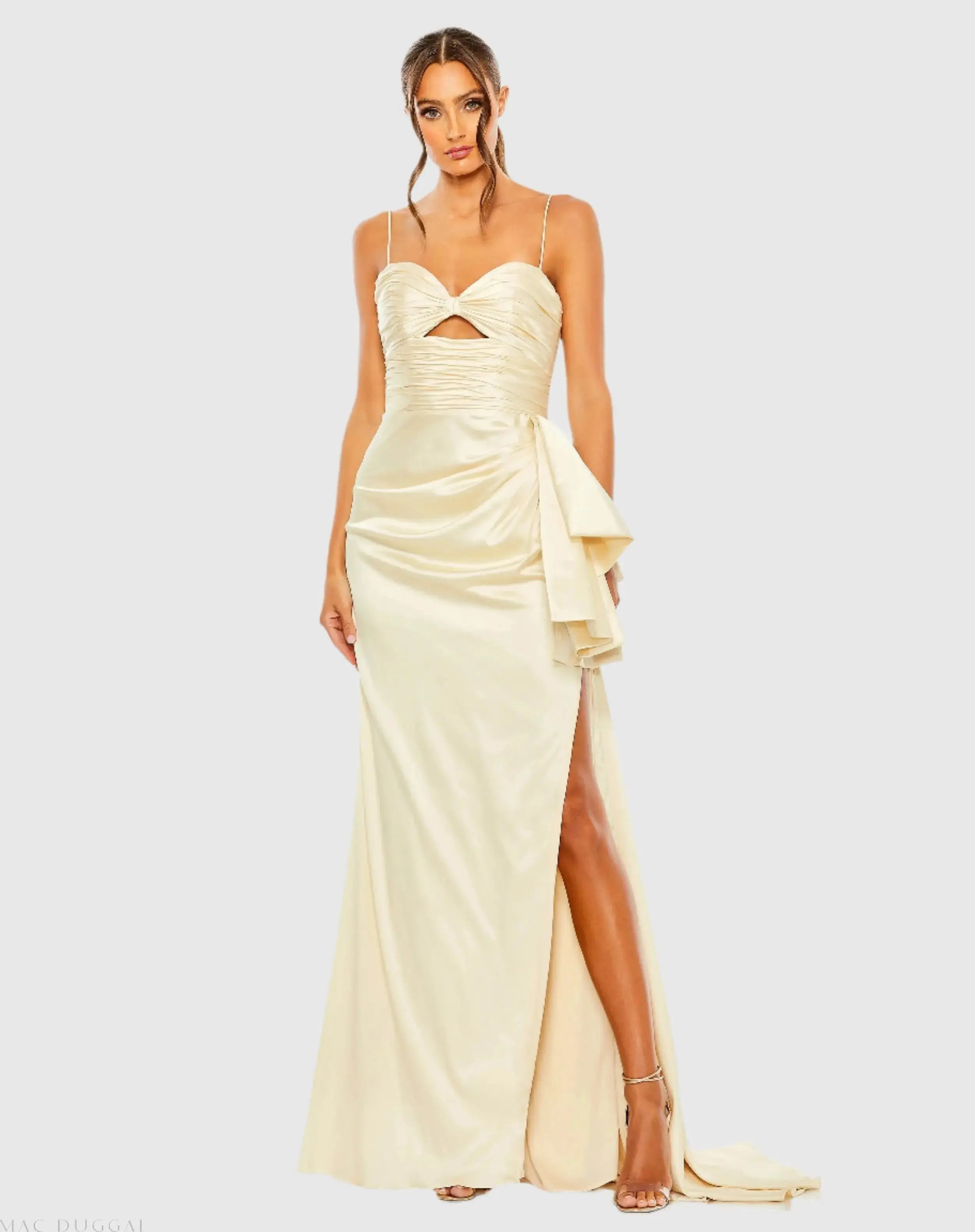 Beige Spaghetti Strap Cut Out Side Bow Gown - FINAL SALE-Myartka