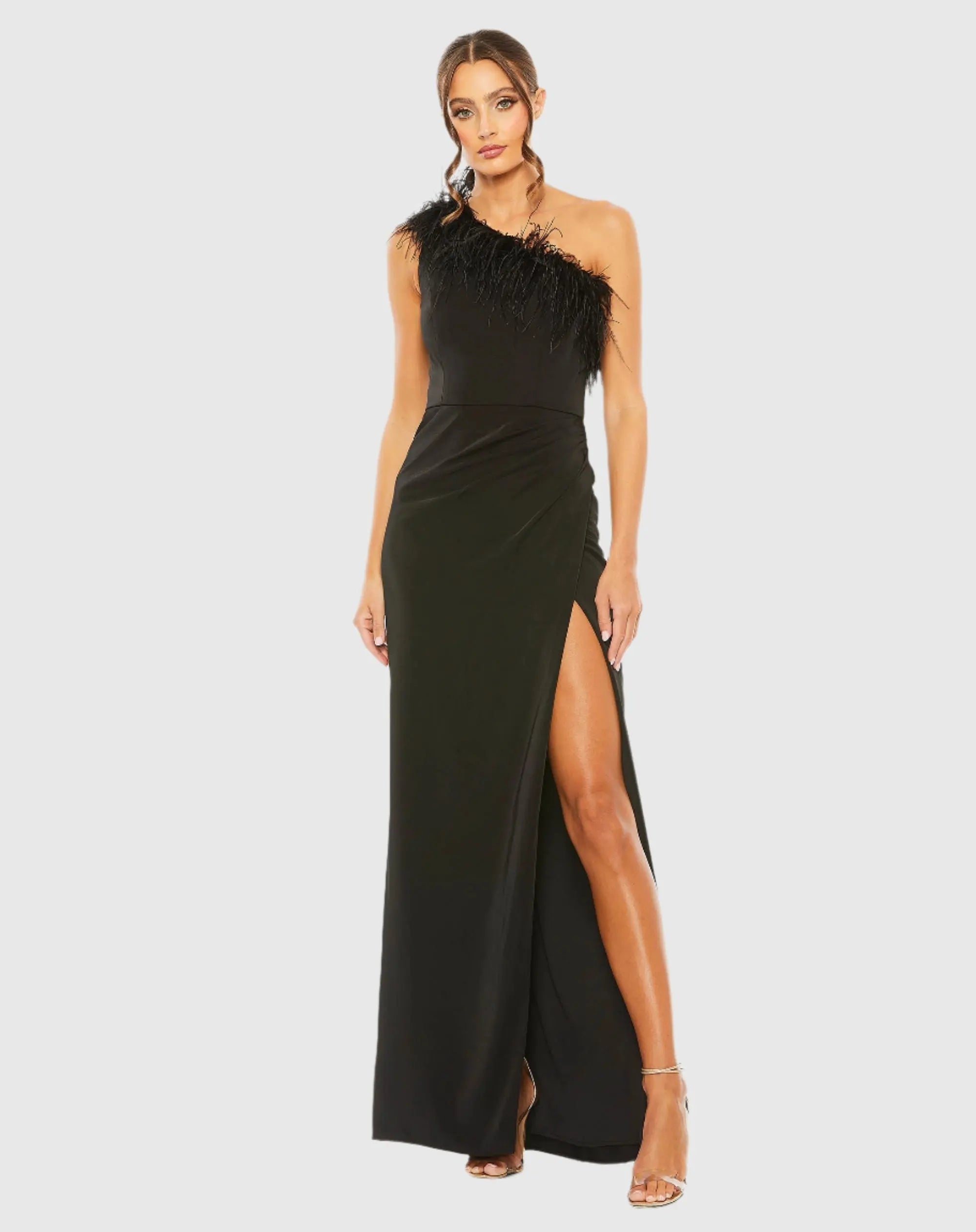 Black One Shoulder Feather Trim Gown-Myartka