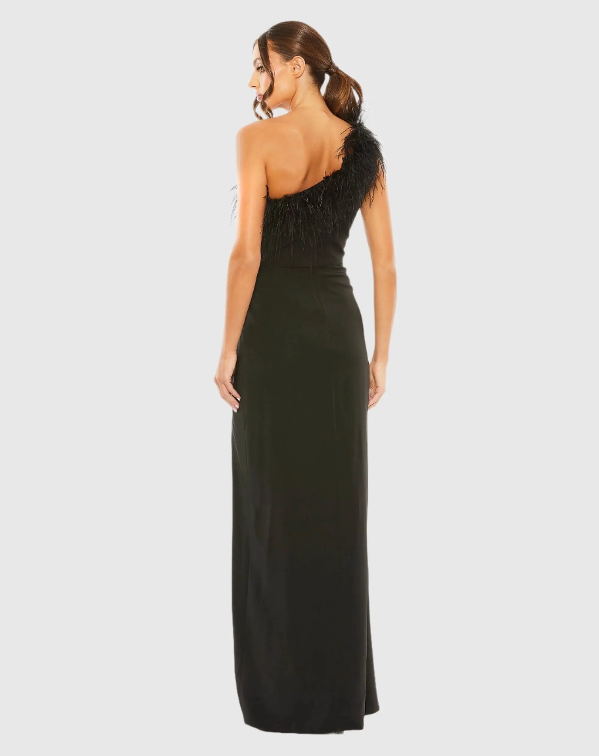 Black One Shoulder Feather Trim Gown-Myartka