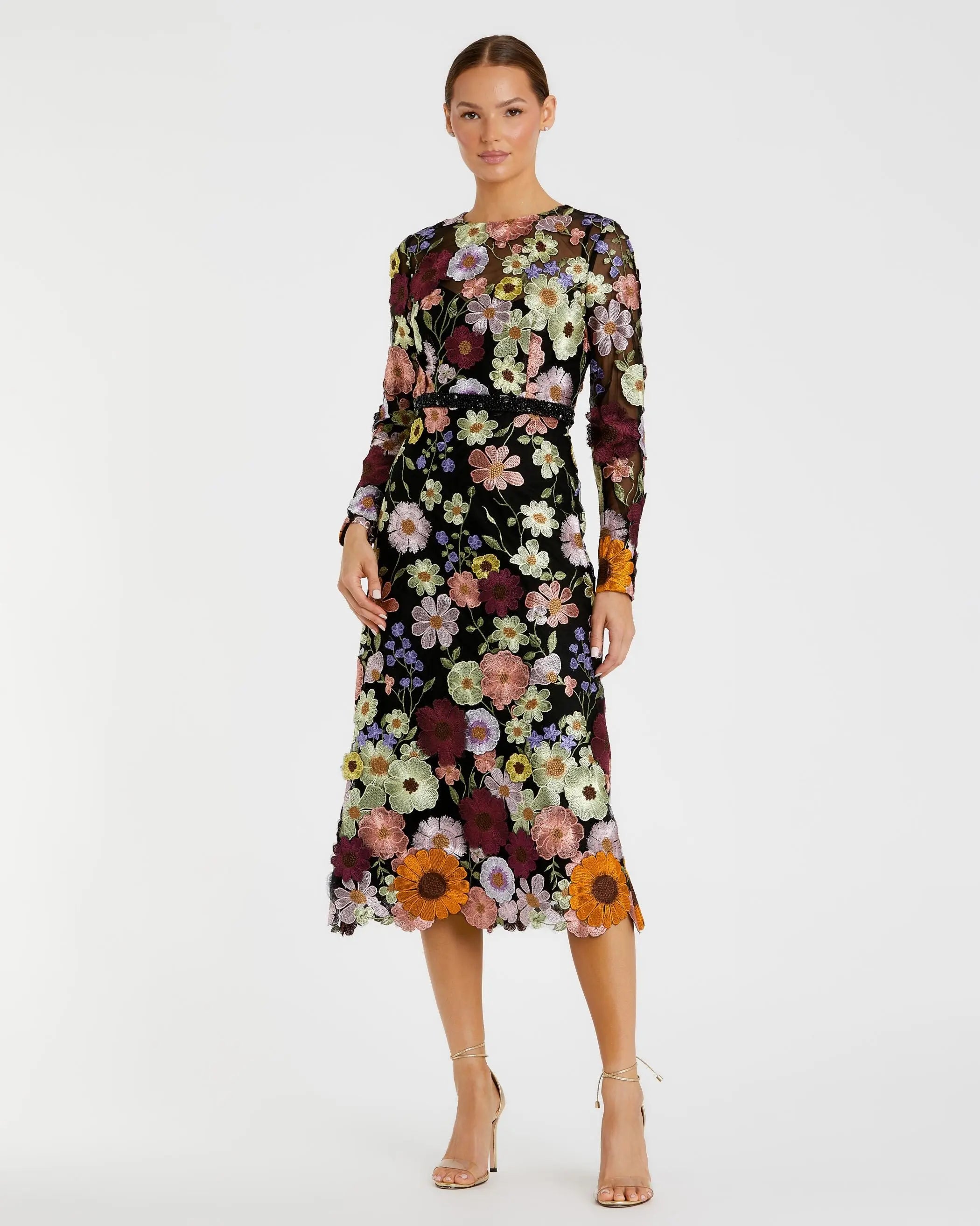 Multicolor Floral Embroidered A-Line Midi Dress-Myartka