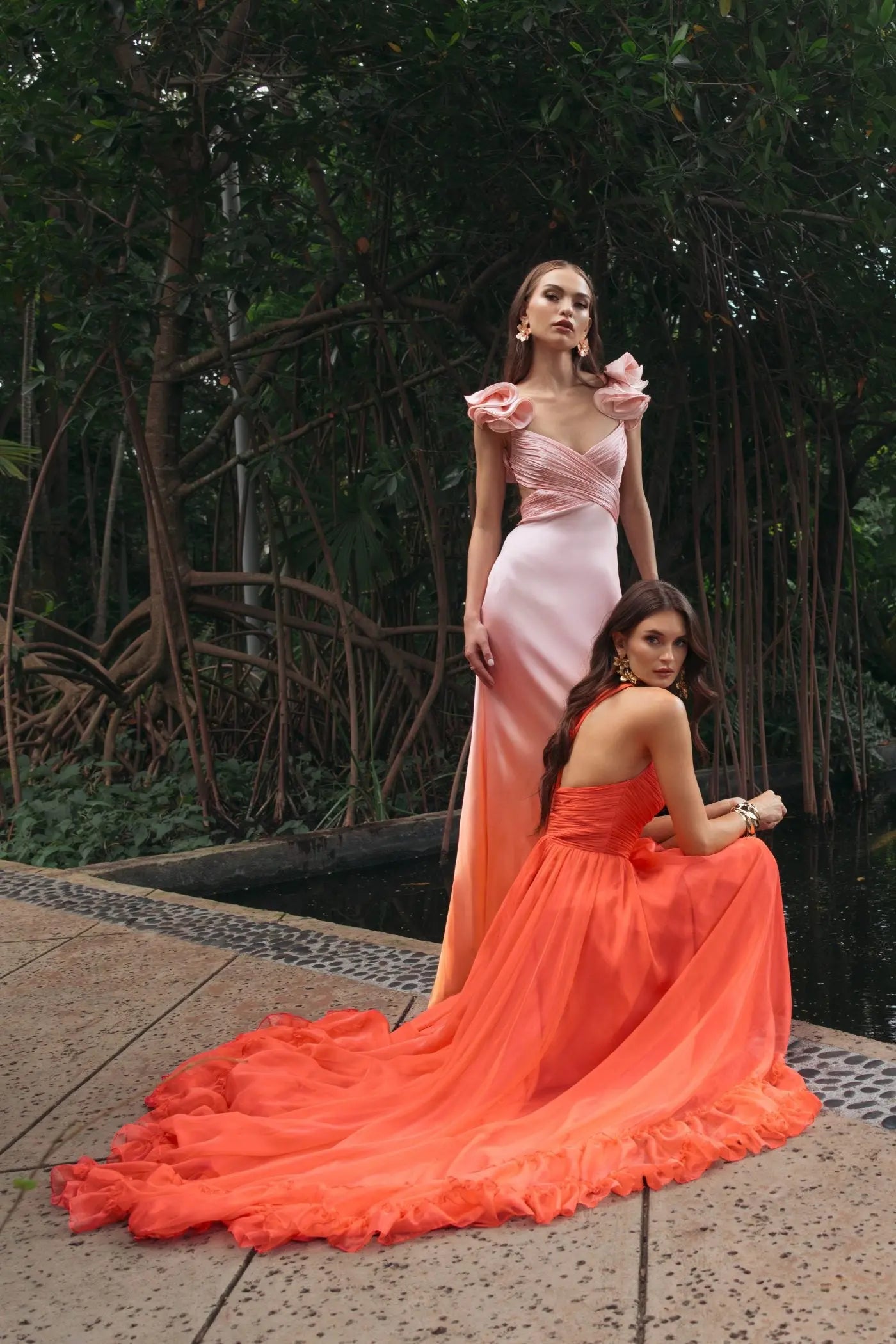 Orange One Shoulder High Low Ruffled Chiffon Gown-Myartka