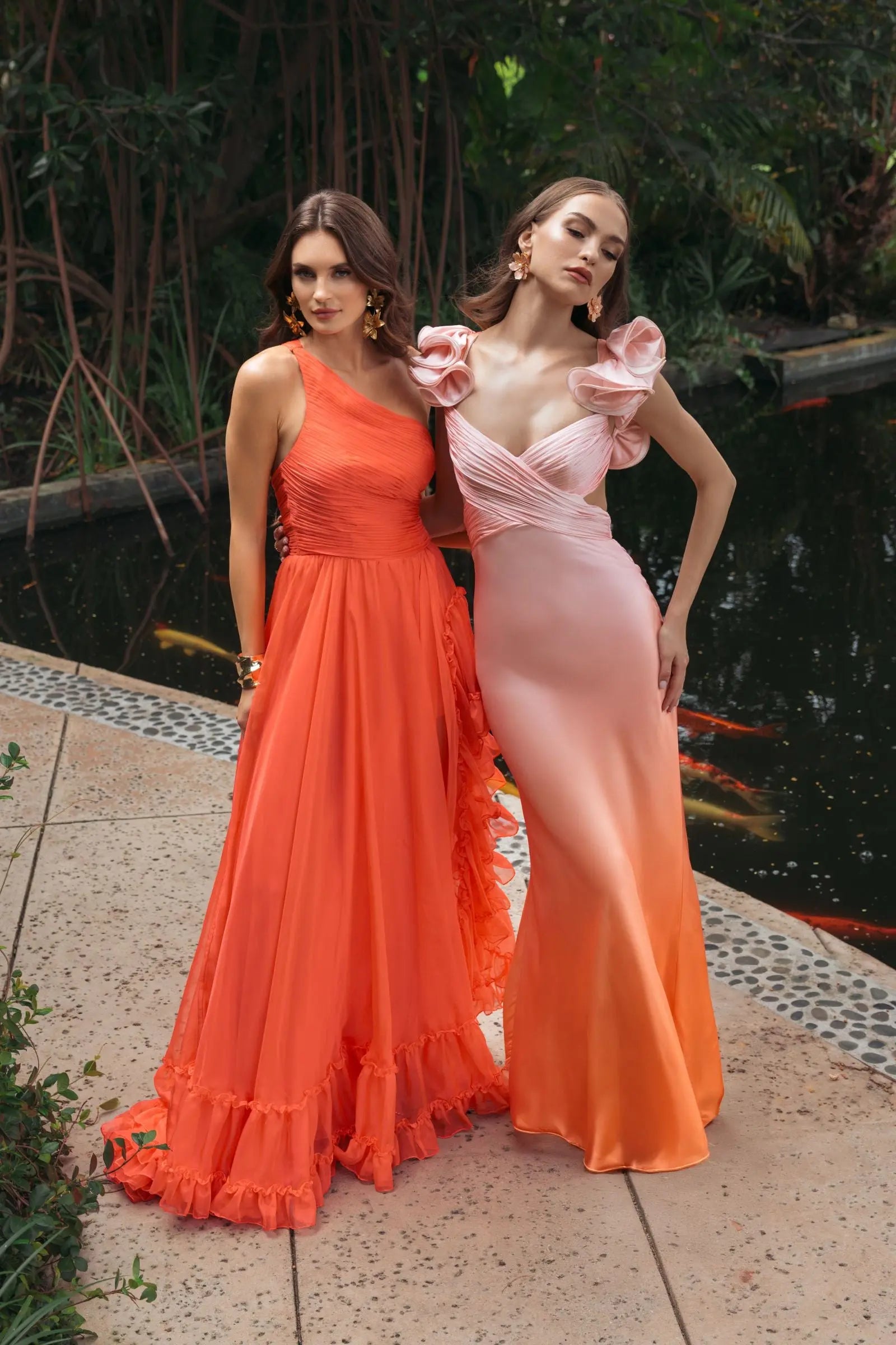 Pink and Orange Charmeuse Ruffle Strap Crossover Ombre Gown-Myartka