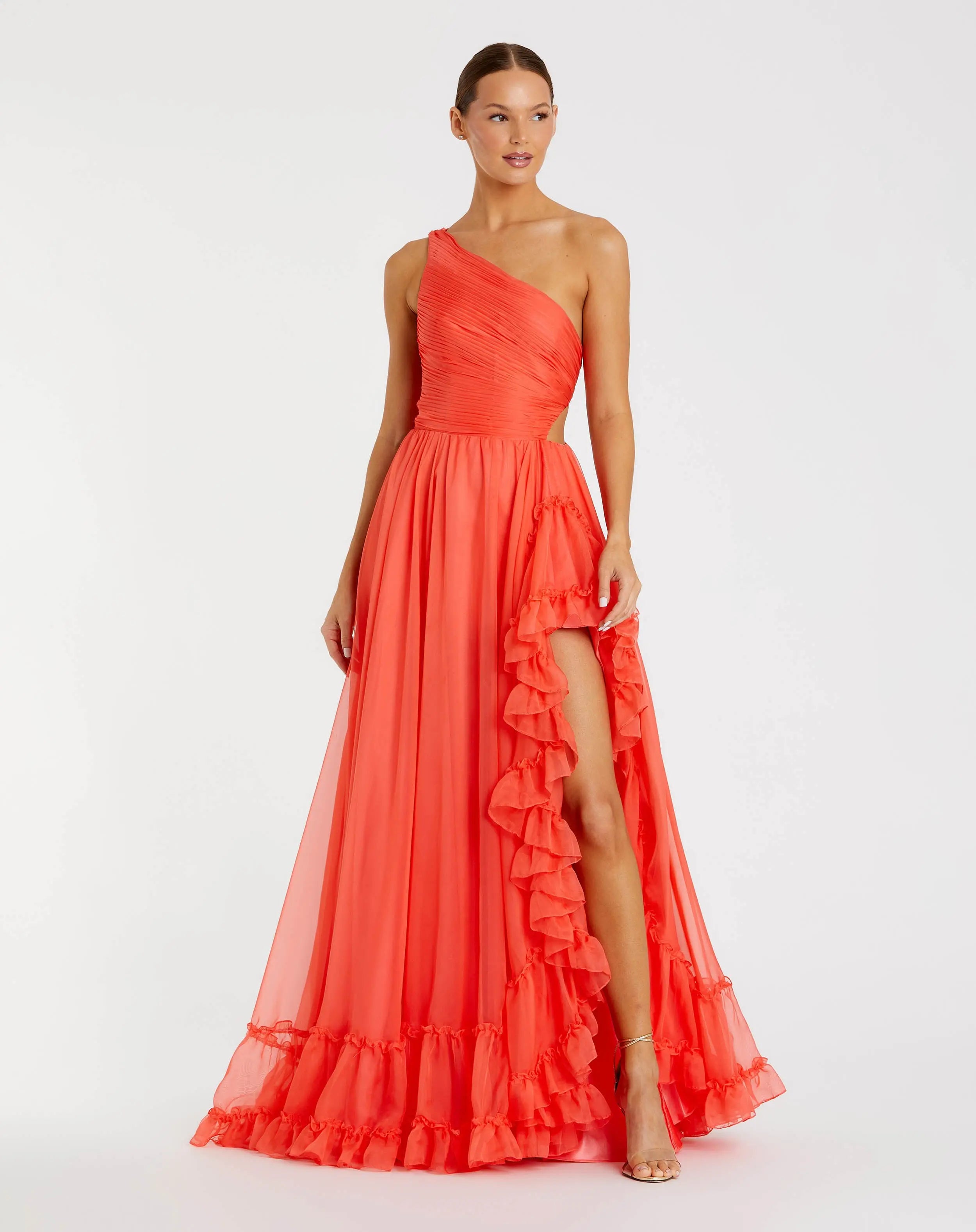 Orange One Shoulder High Low Ruffled Chiffon Gown-Myartka