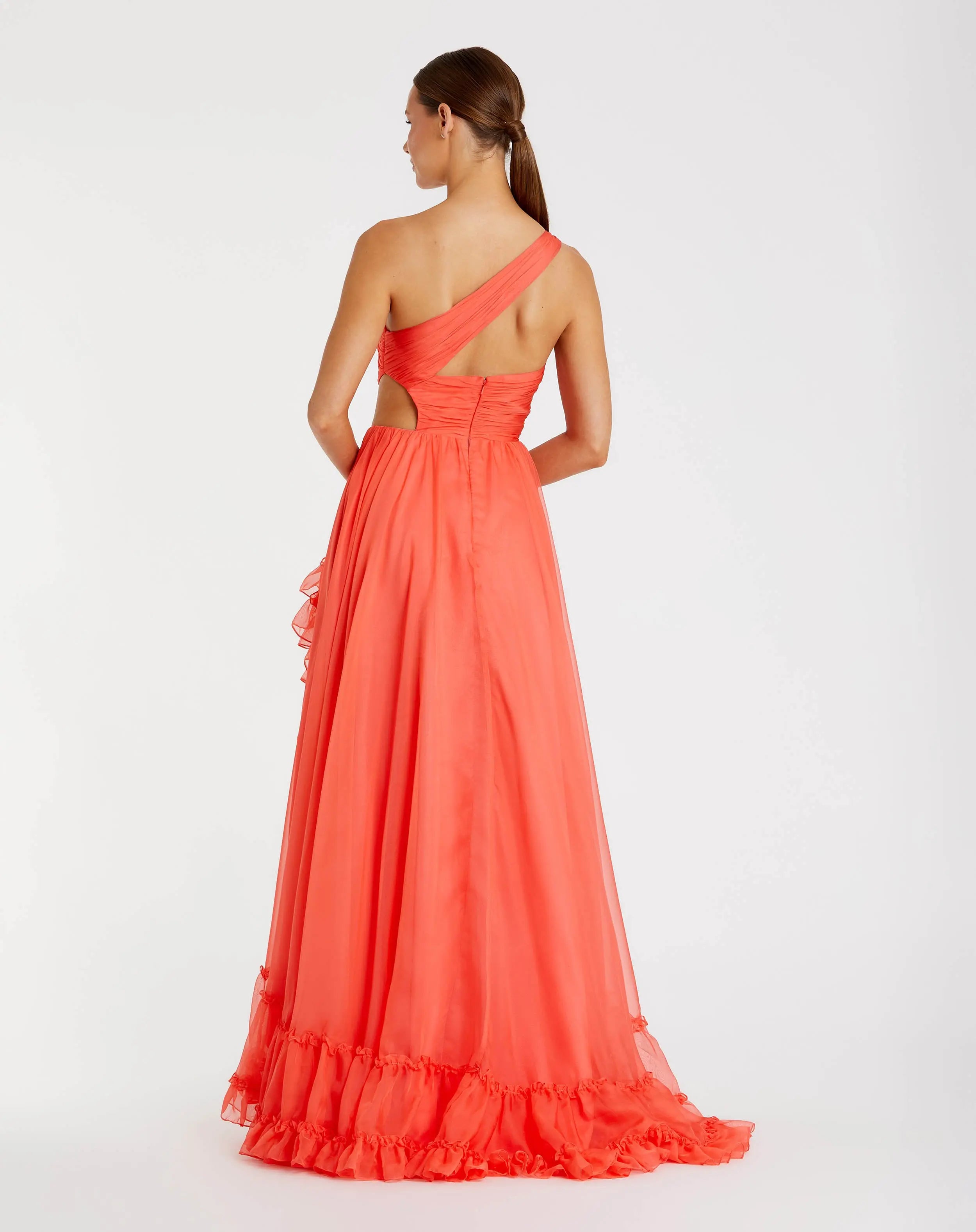 Orange One Shoulder High Low Ruffled Chiffon Gown-Myartka