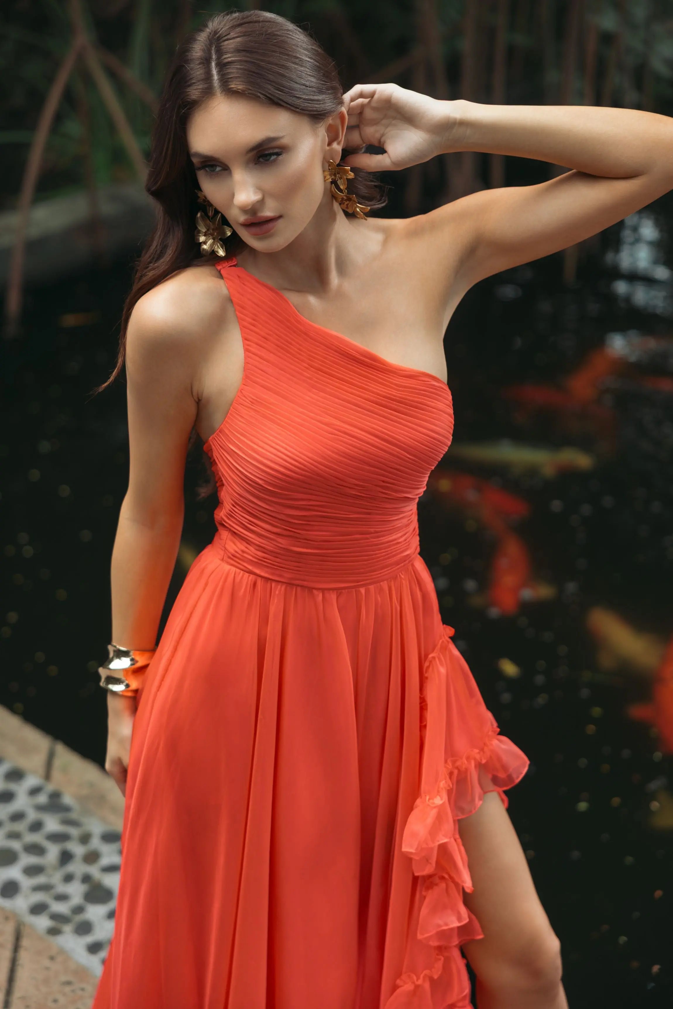 Orange One Shoulder High Low Ruffled Chiffon Gown-Myartka