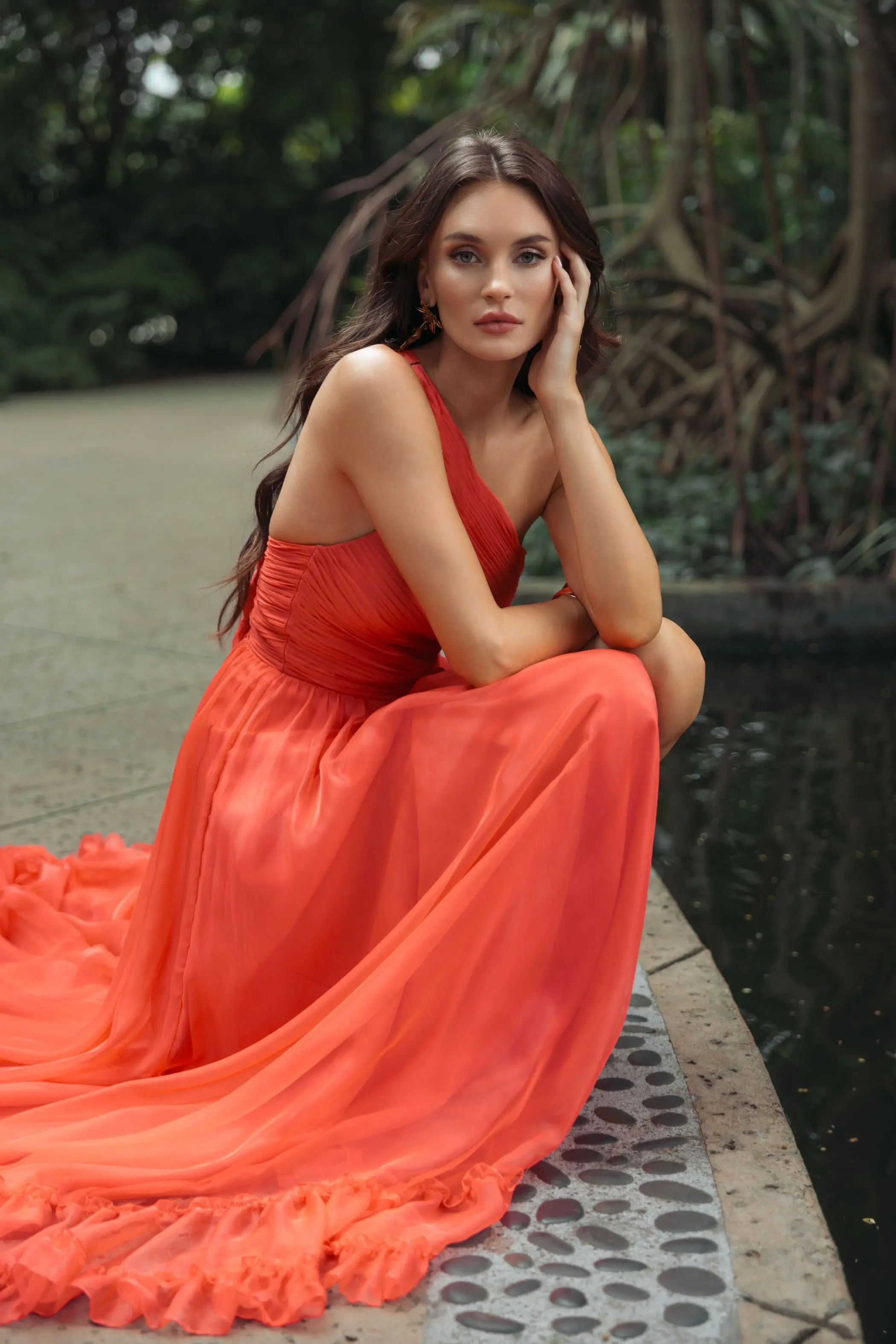 Orange One Shoulder High Low Ruffled Chiffon Gown-Myartka