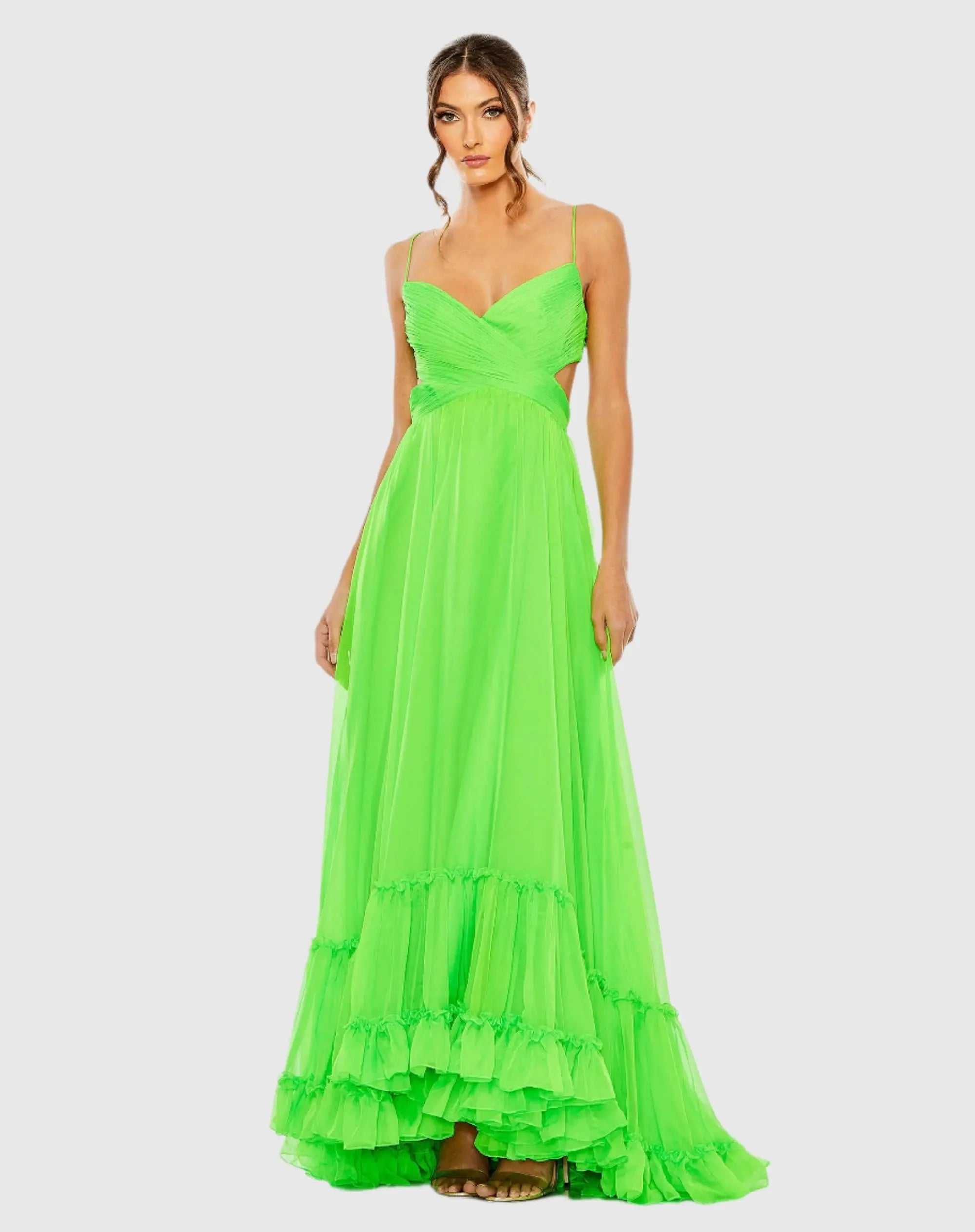 Green Ruched Tiered Spaghetti Strap Gown-Myartka