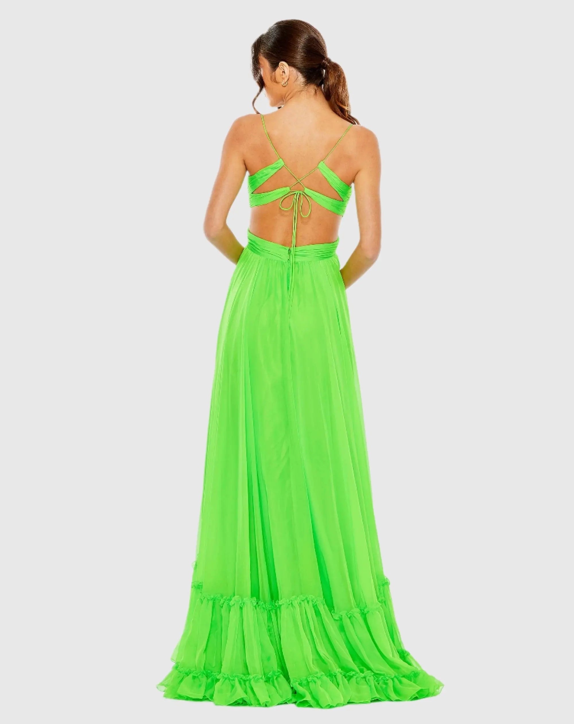 Green Ruched Tiered Spaghetti Strap Gown-Myartka