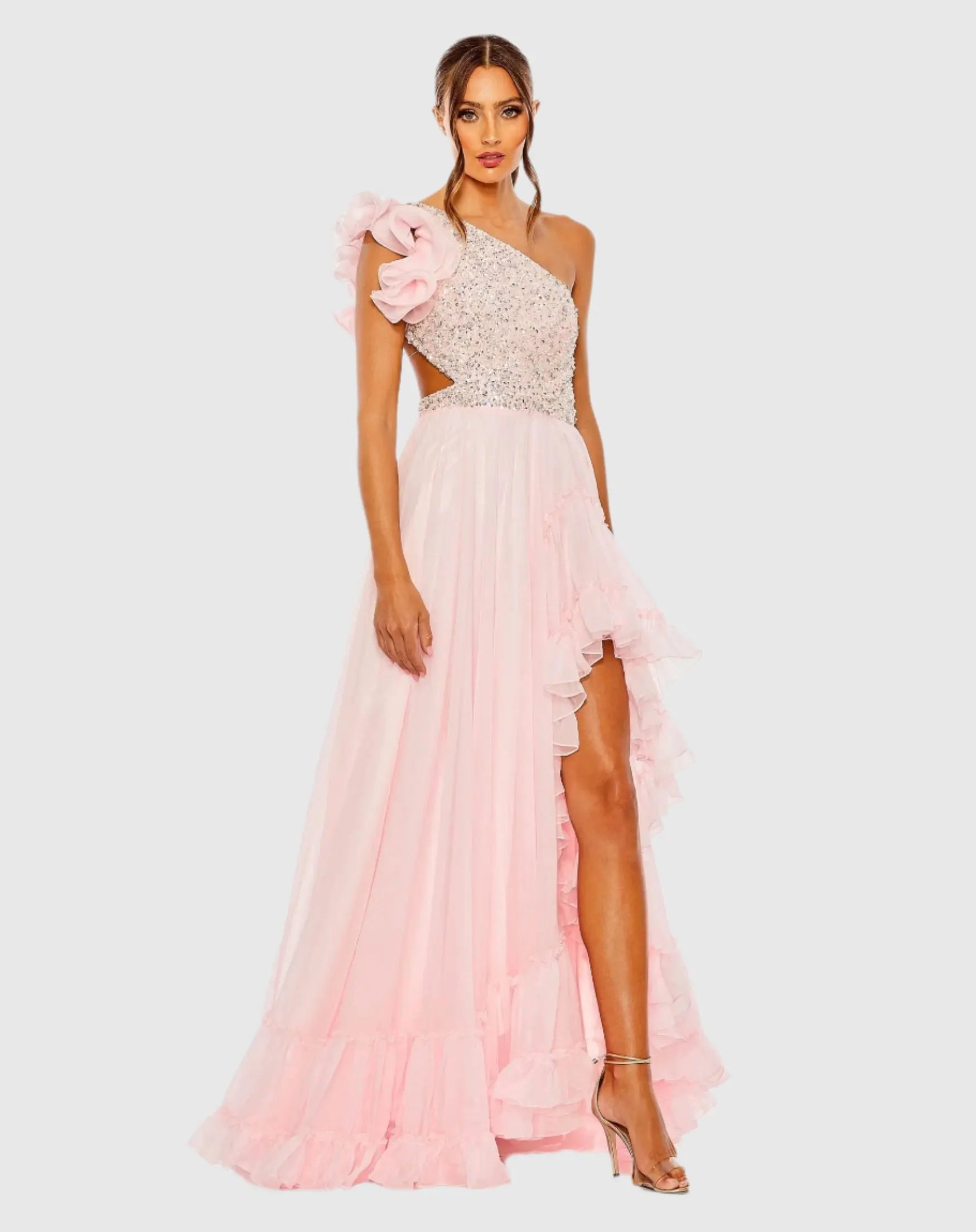 Pink Ruffled One Shoulder Embellished Lace Up Gown - FINAL SALE-Myartka