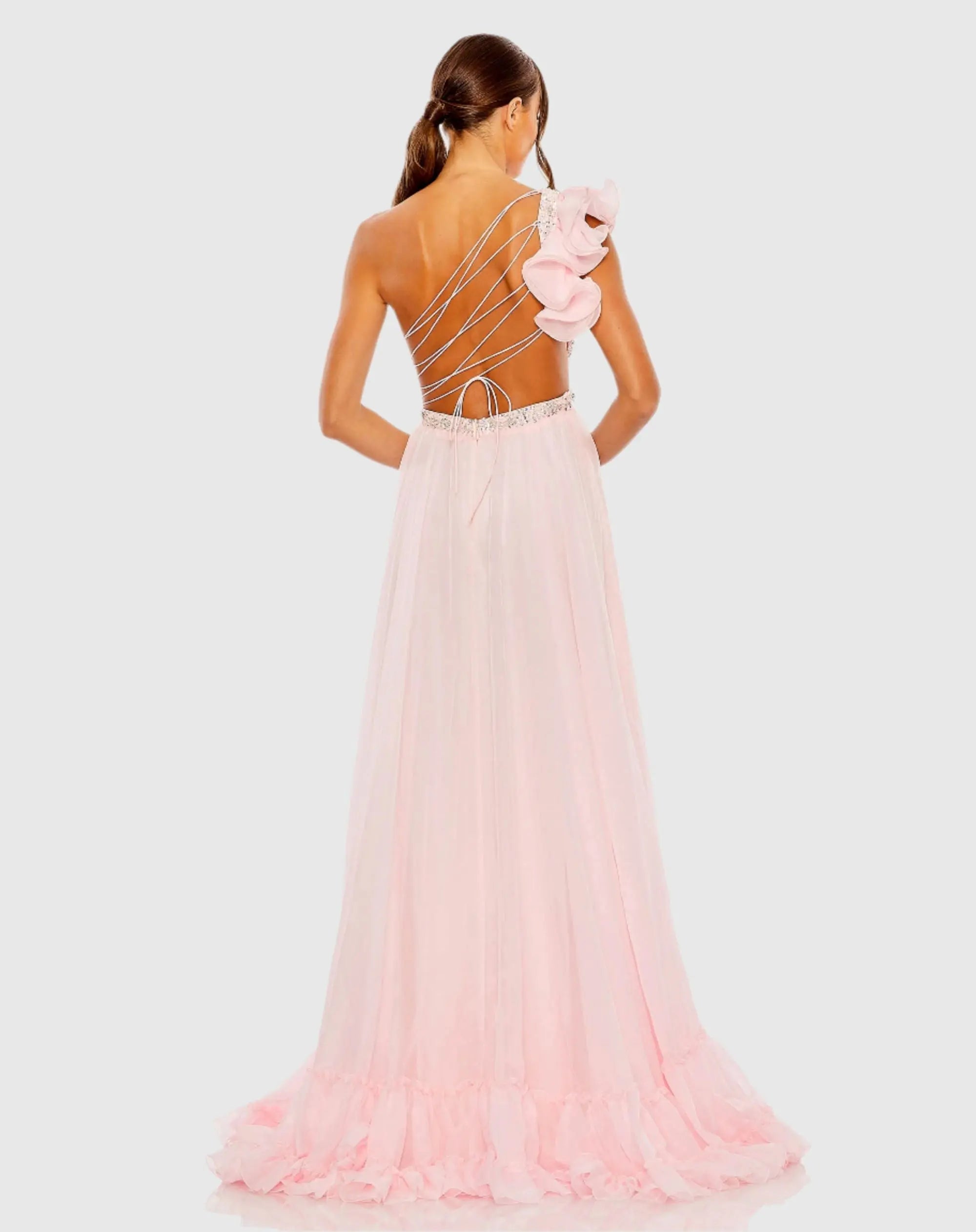 Pink Ruffled One Shoulder Embellished Lace Up Gown - FINAL SALE-Myartka