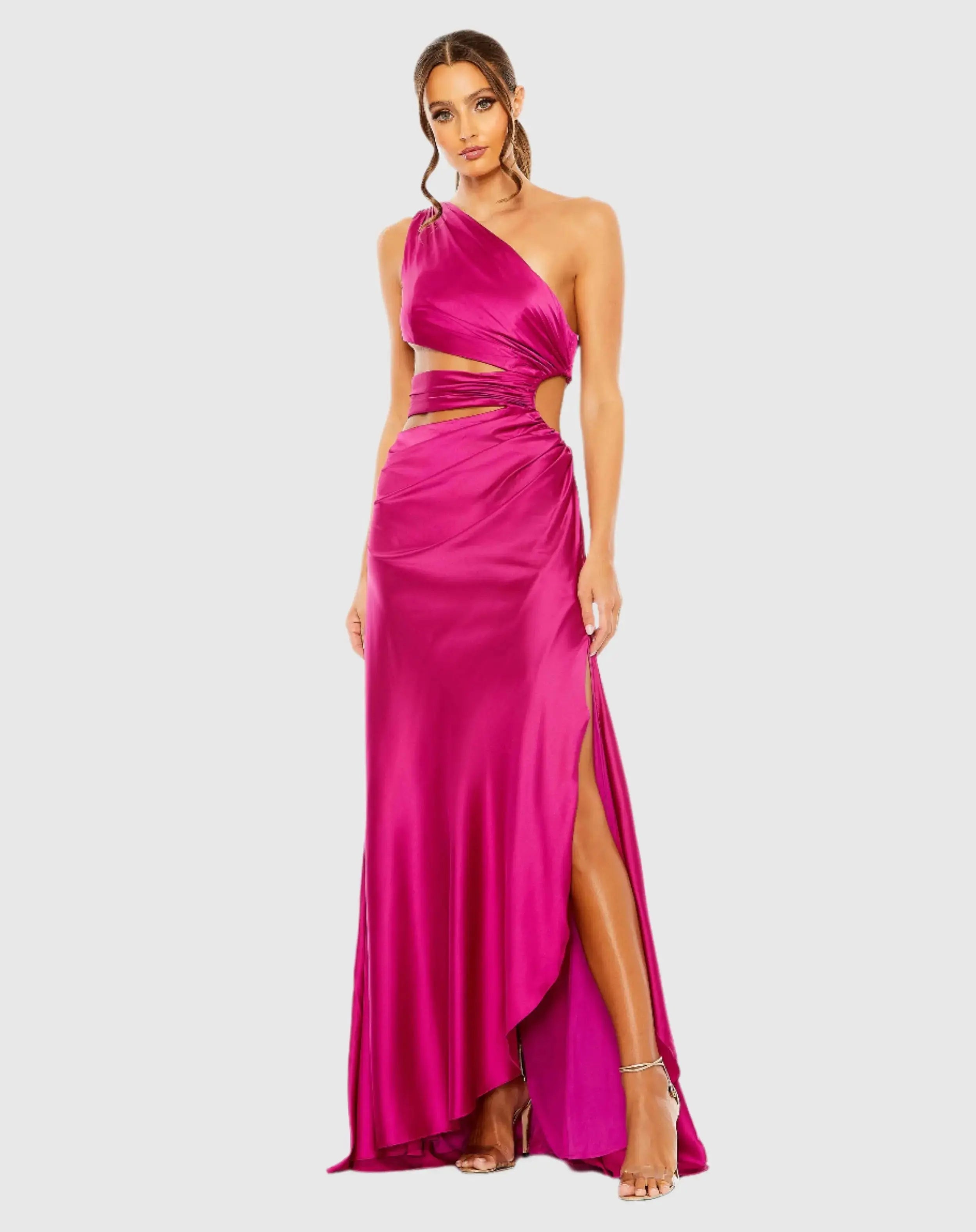 Pink Cut Out One Shoulder Satin Gown-Myartka