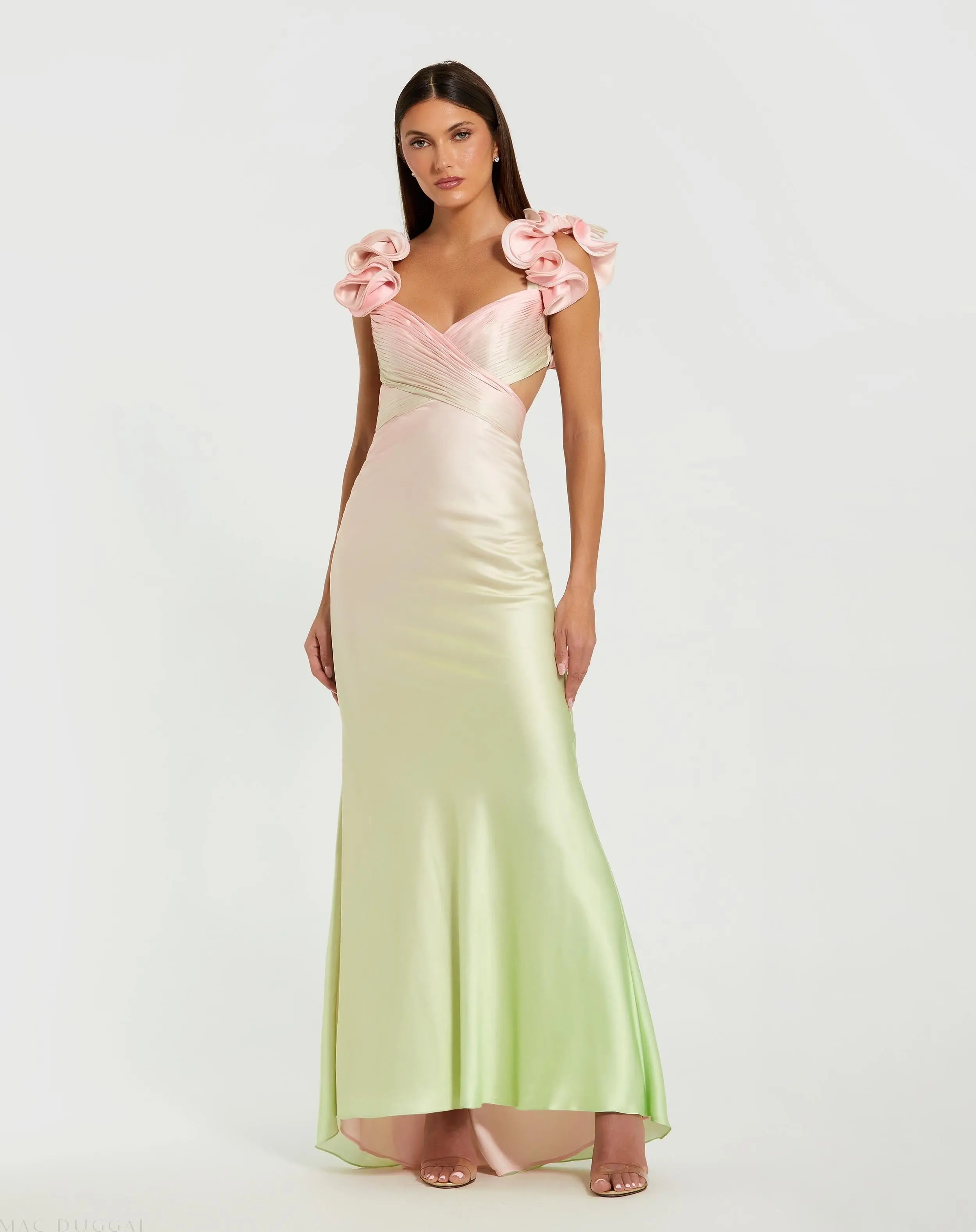 Charmeuse Ruffle Strap Crossover Ombre Gown-Myartka