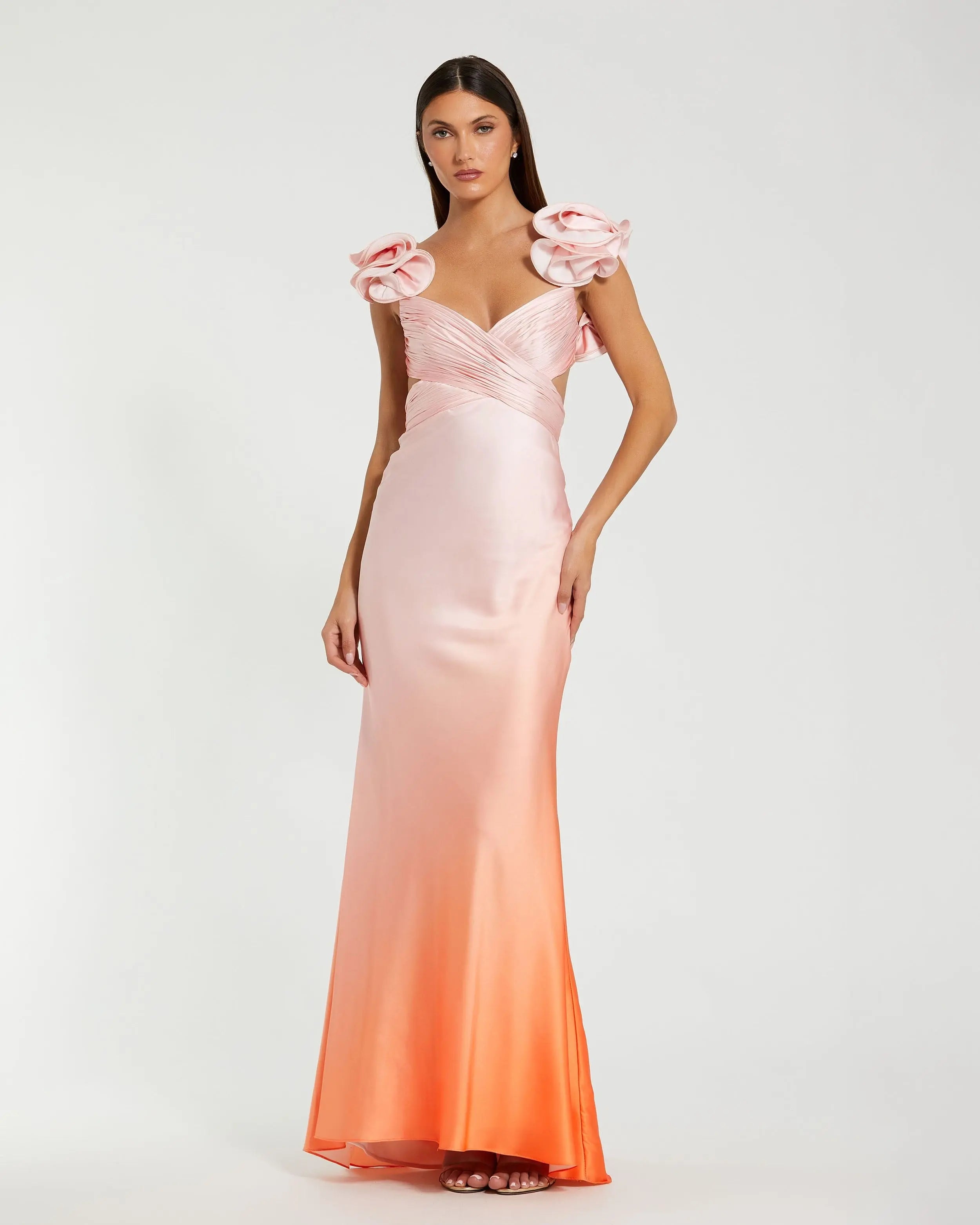 Charmeuse Ruffle Strap Crossover Ombre Gown-Myartka