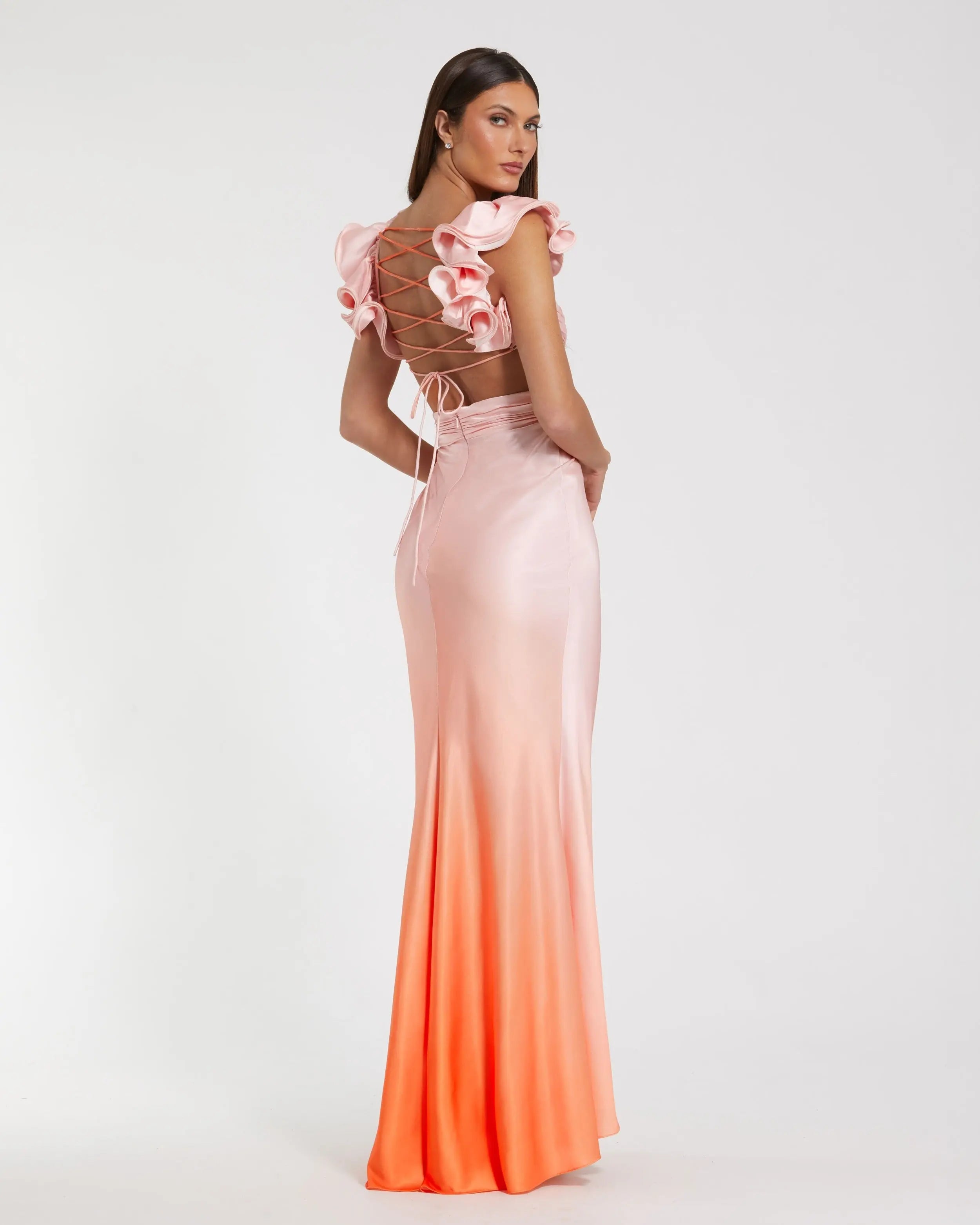 Pink and Orange Charmeuse Ruffle Strap Crossover Ombre Gown-Myartka