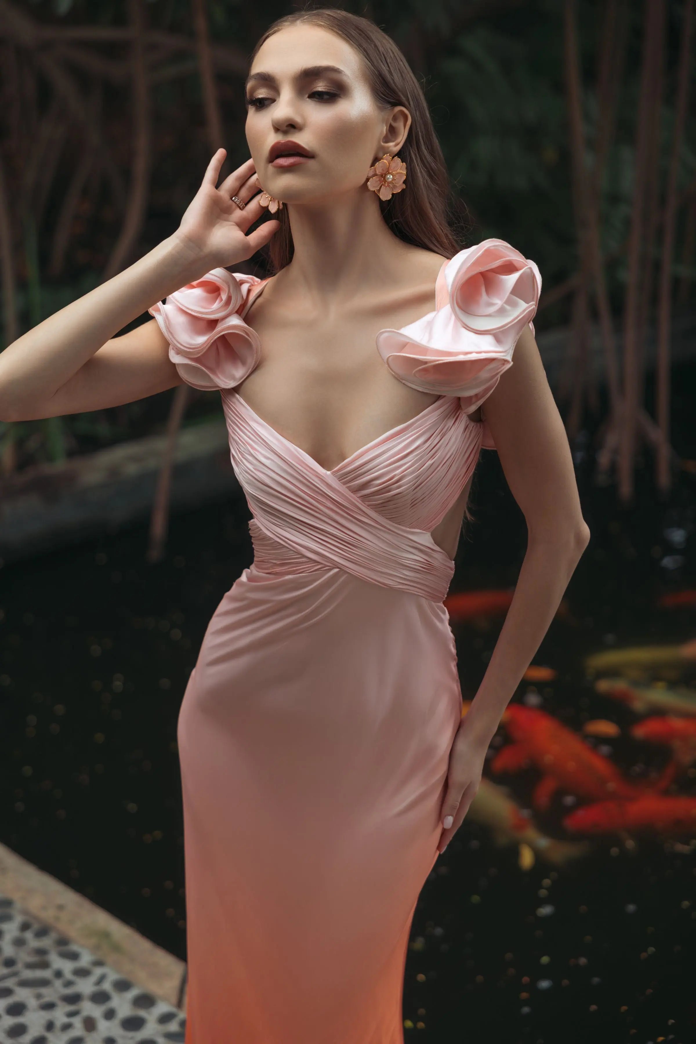 Pink and Orange Charmeuse Ruffle Strap Crossover Ombre Gown-Myartka