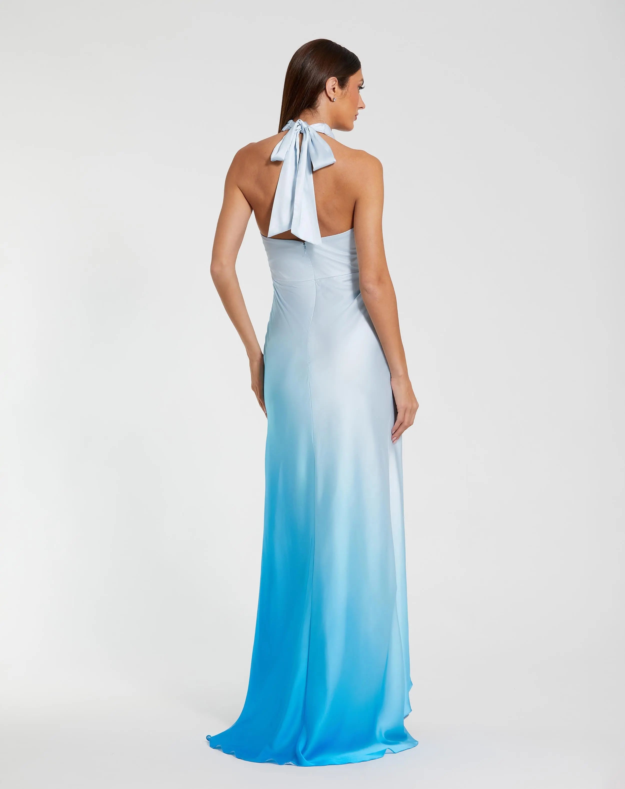 Blue Charmeuse Tie Halter Neck Ombre Gown-Myartka