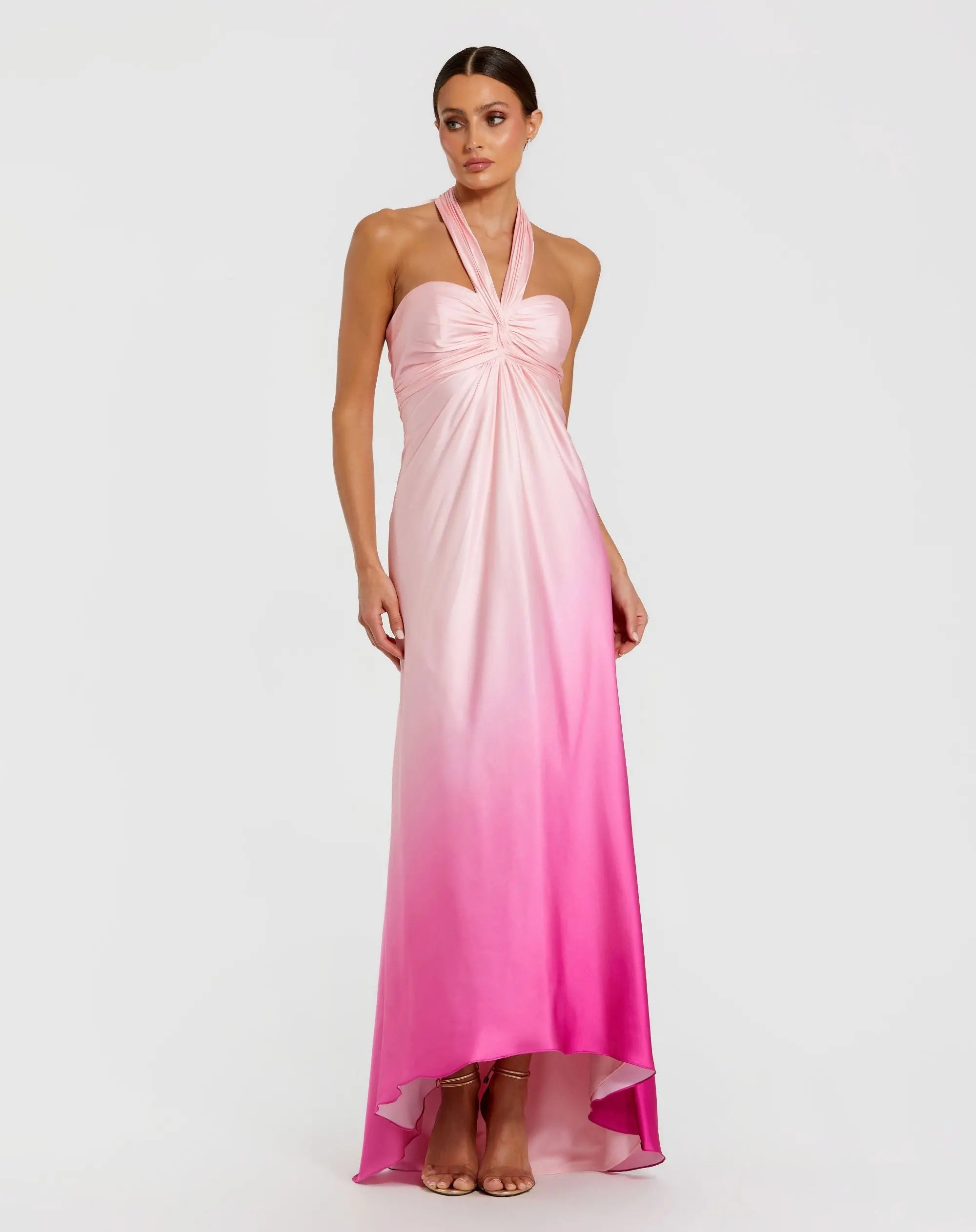 Pink Charmeuse Tie Halter Neck Ombre Gown-Myartka
