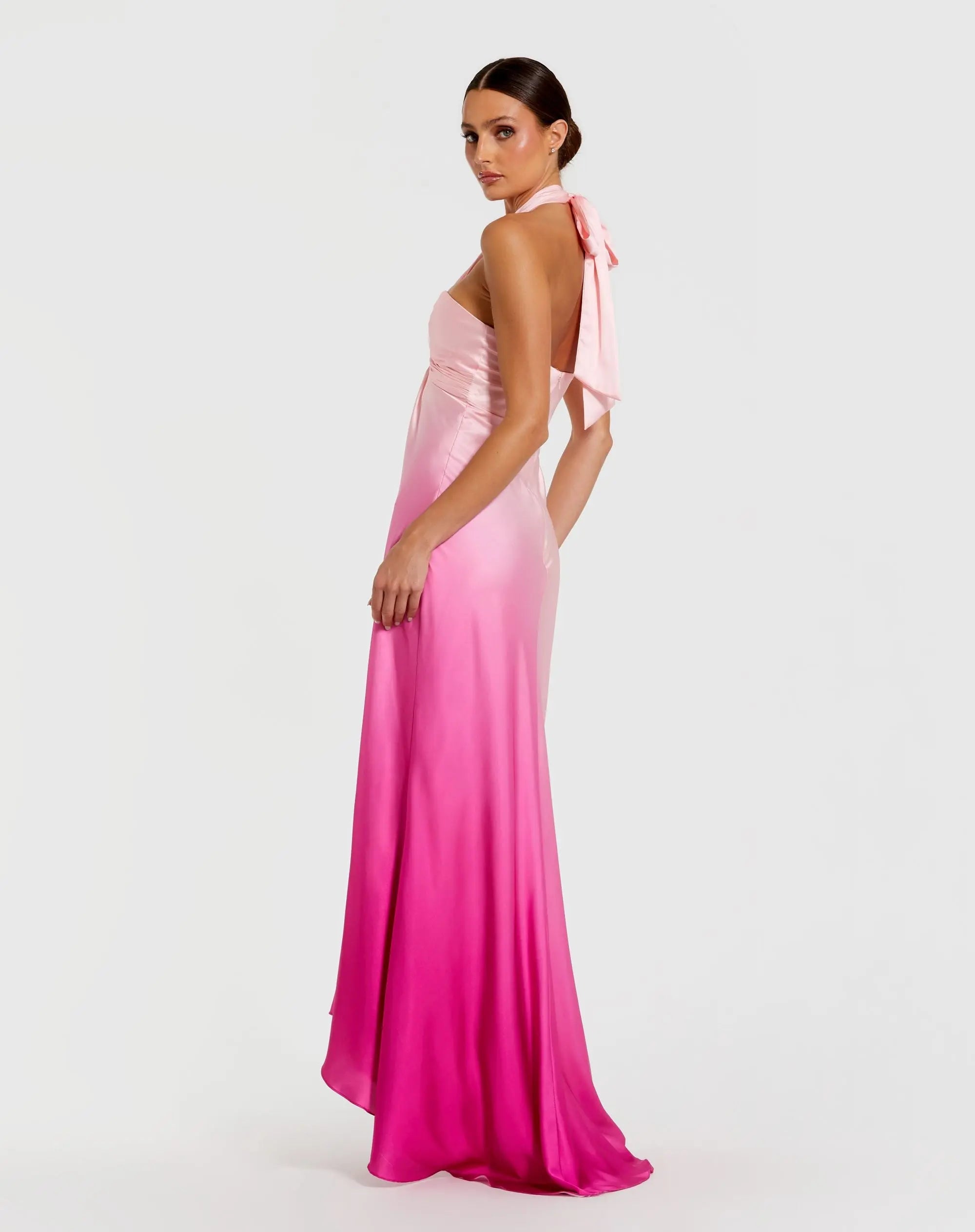 Pink Charmeuse Tie Halter Neck Ombre Gown-Myartka