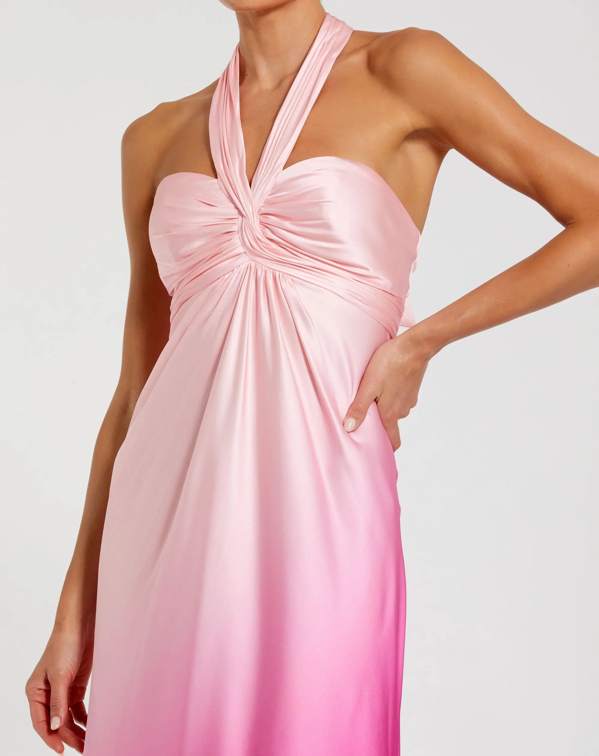 Pink Charmeuse Tie Halter Neck Ombre Gown-Myartka