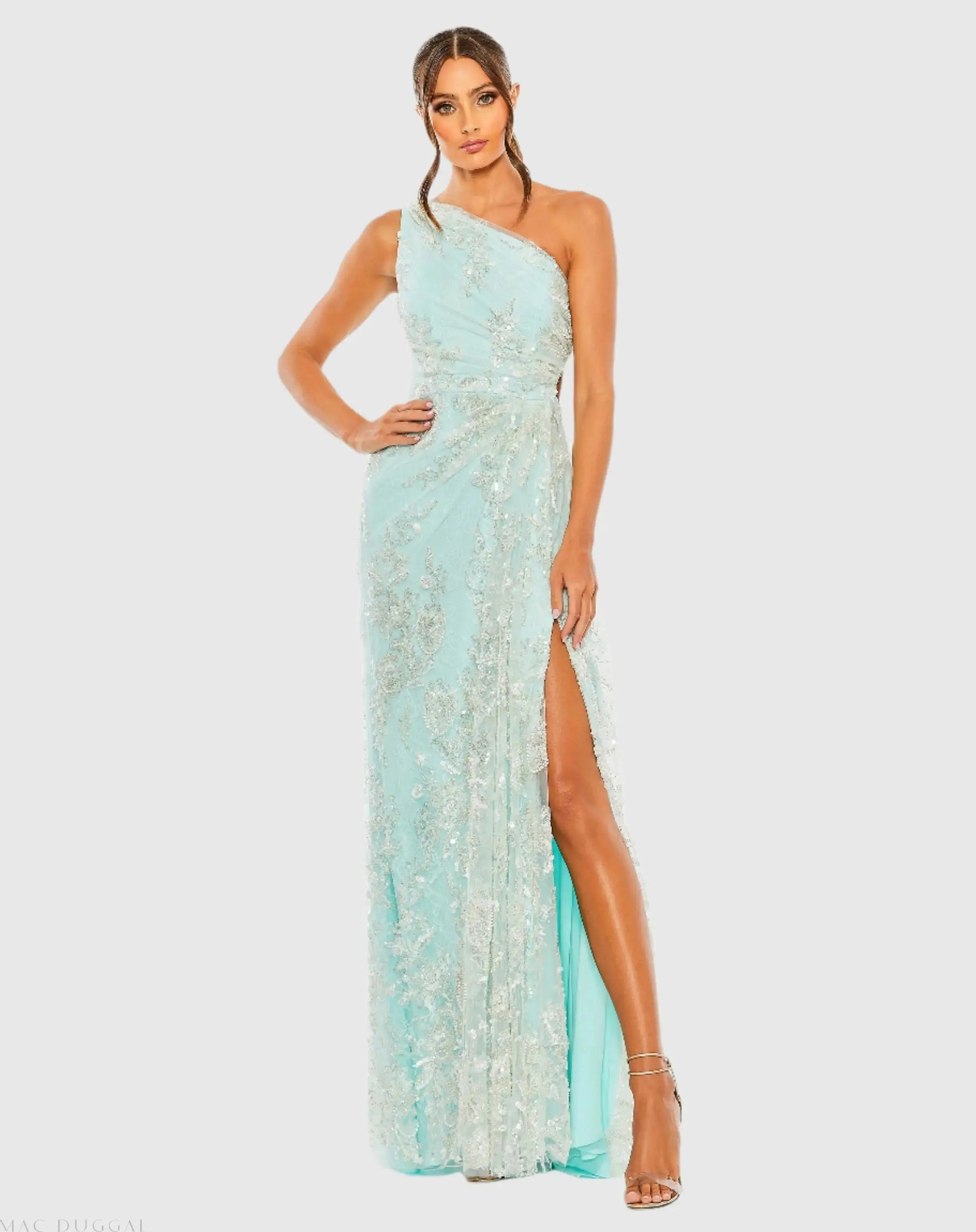 One Shoulder Side Cut Embellished Gown-Myartka