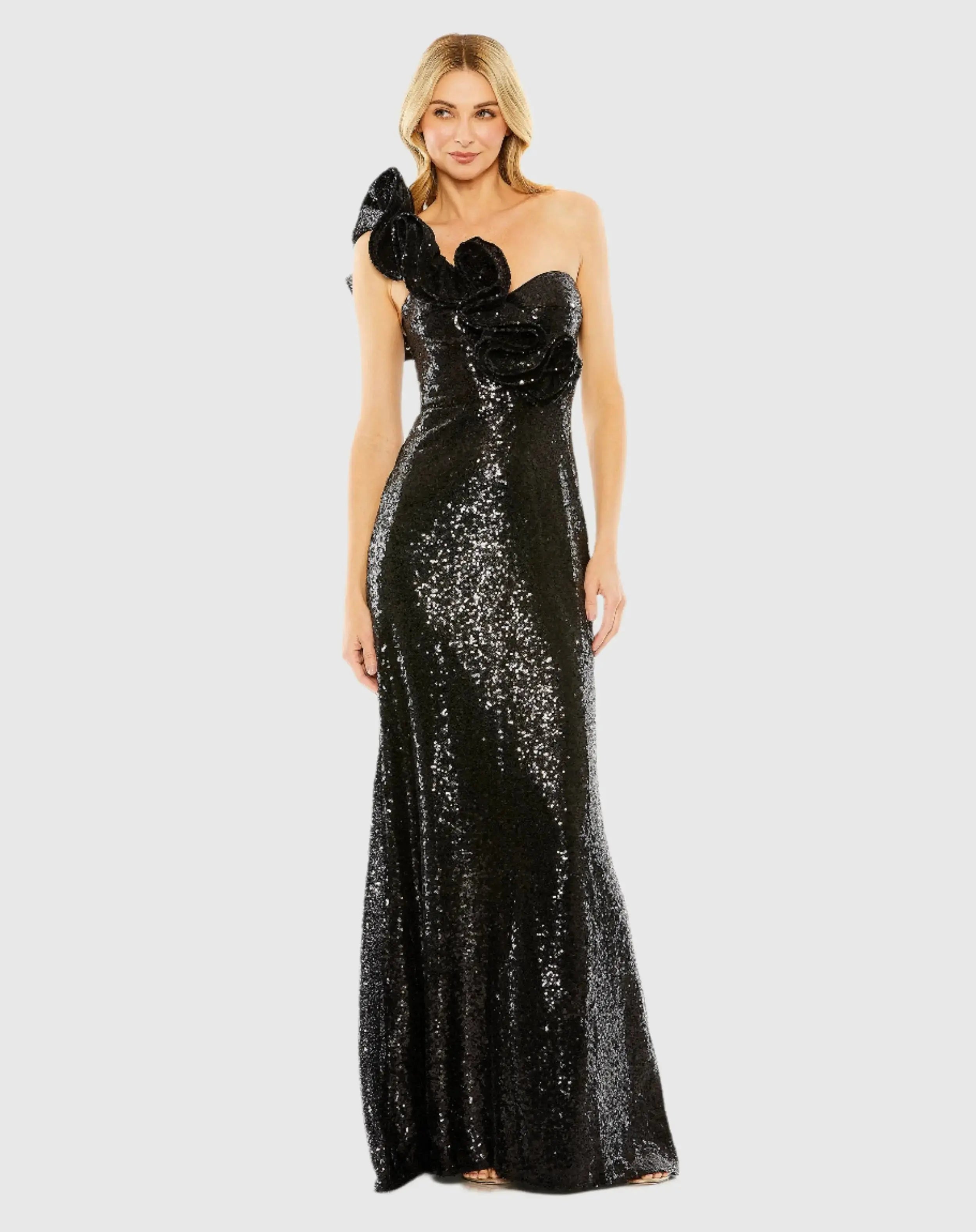 Sequin Ruffled One Shoulder Gown-Myartka