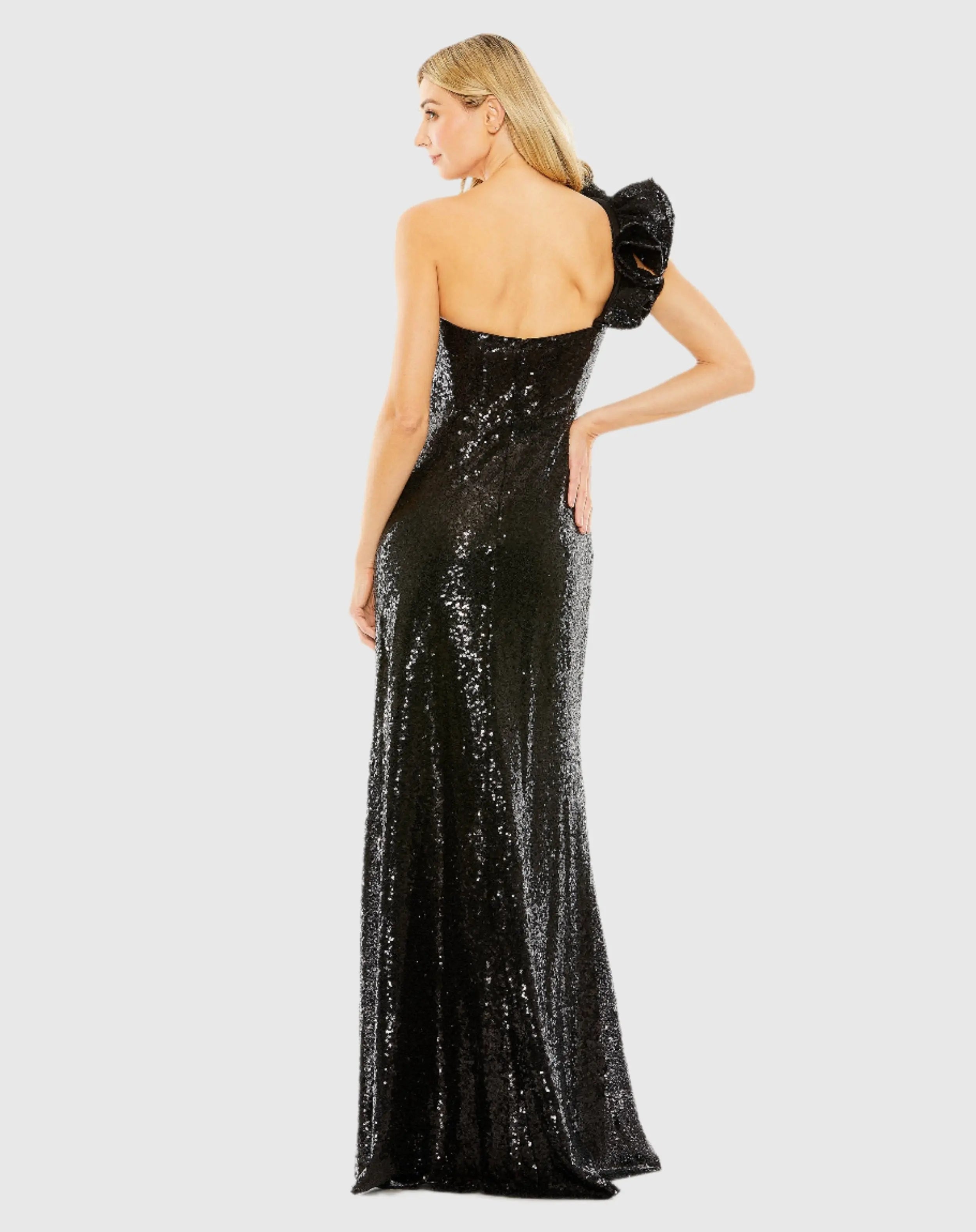 Black Sequin Ruffled One Shoulder Gown-Myartka
