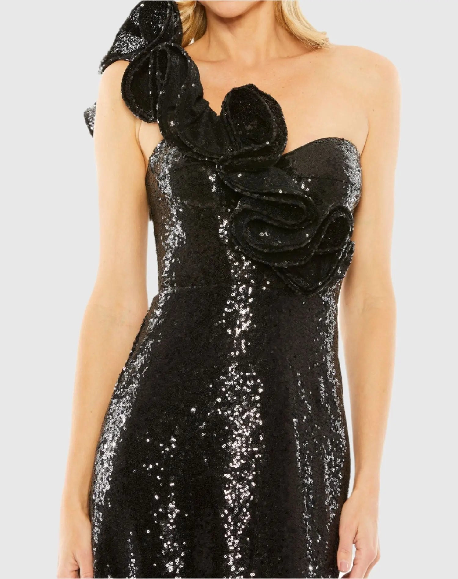 Black Sequin Ruffled One Shoulder Gown-Myartka